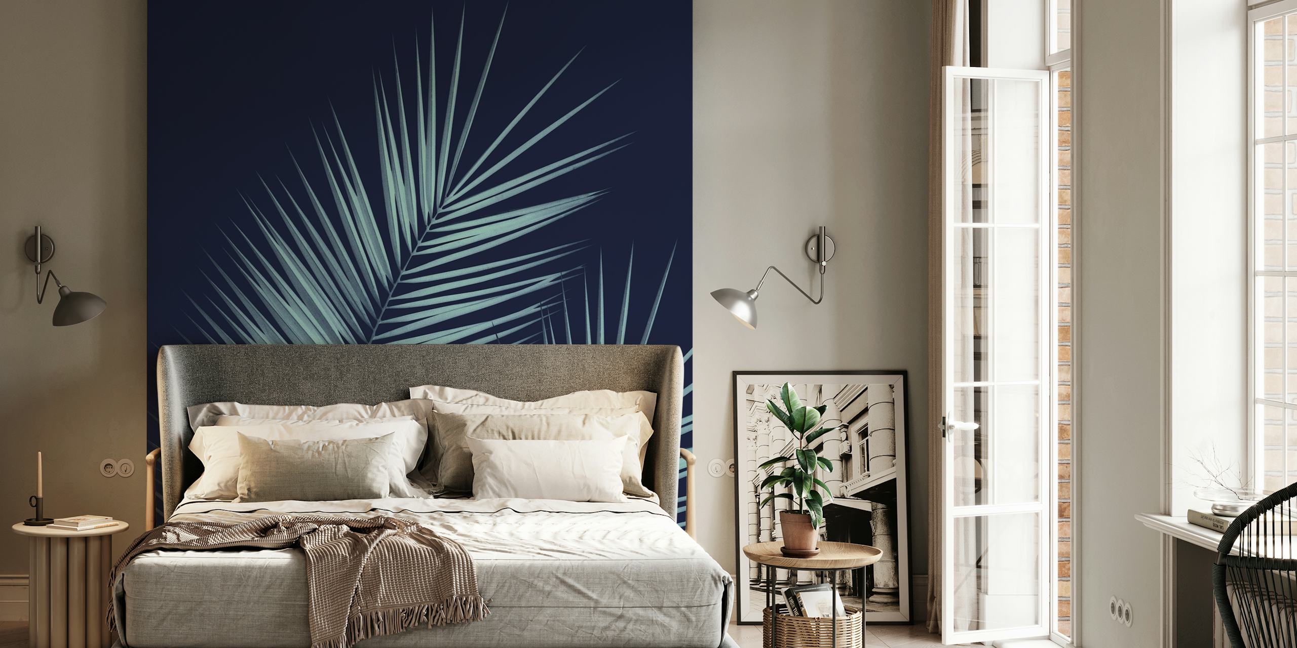 Blue Palm Leaves Wallpaper i et moderne rum