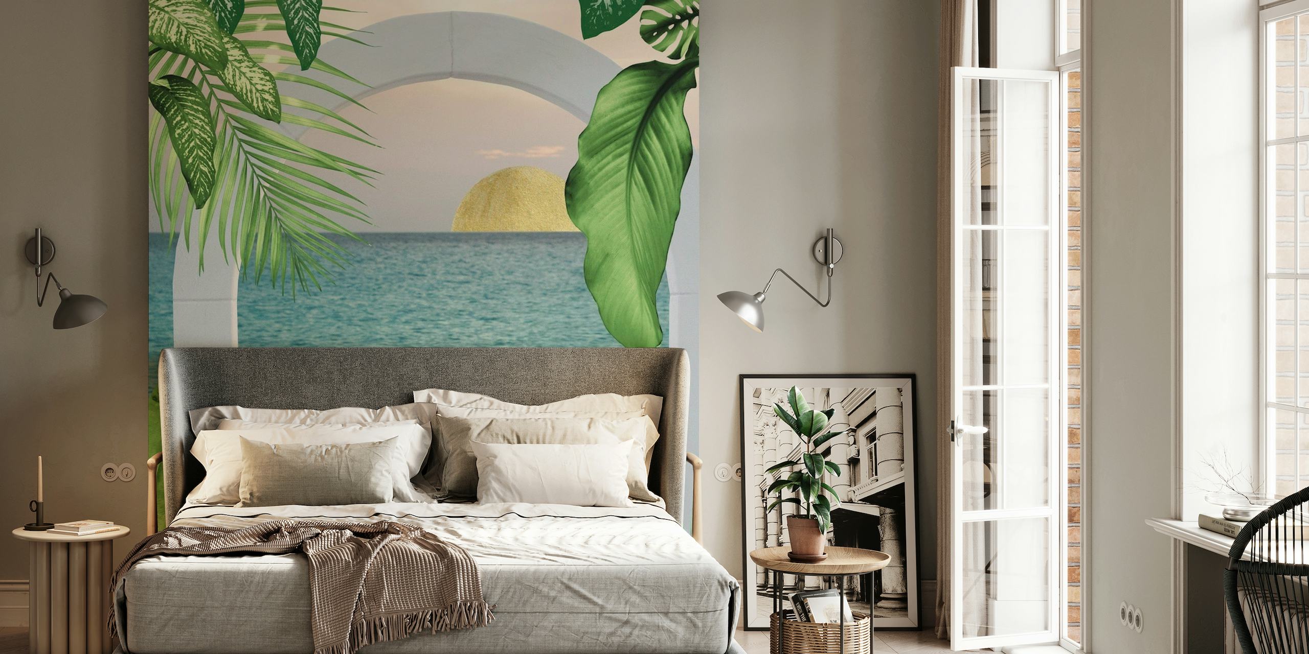 Santorini meets Curacao wall mural showing a mix of Mediterranean white arches and tropical leaves with a sea view