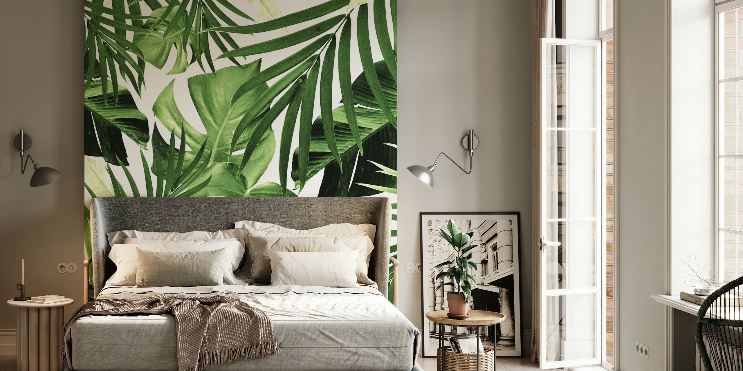 Tropical green leaves on a white background wallpaper