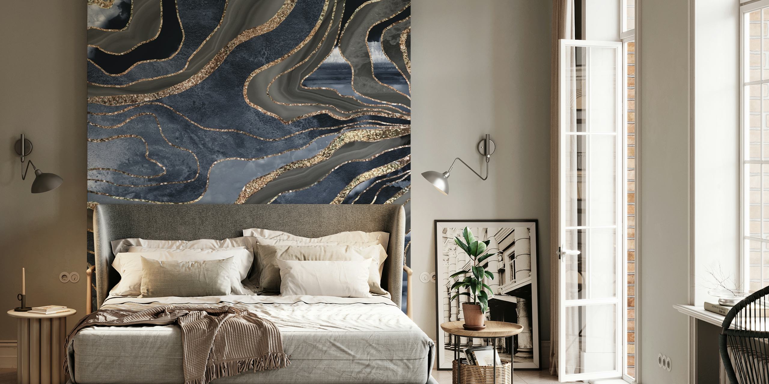 Marble pattern in blue, black, and gold wallpaper