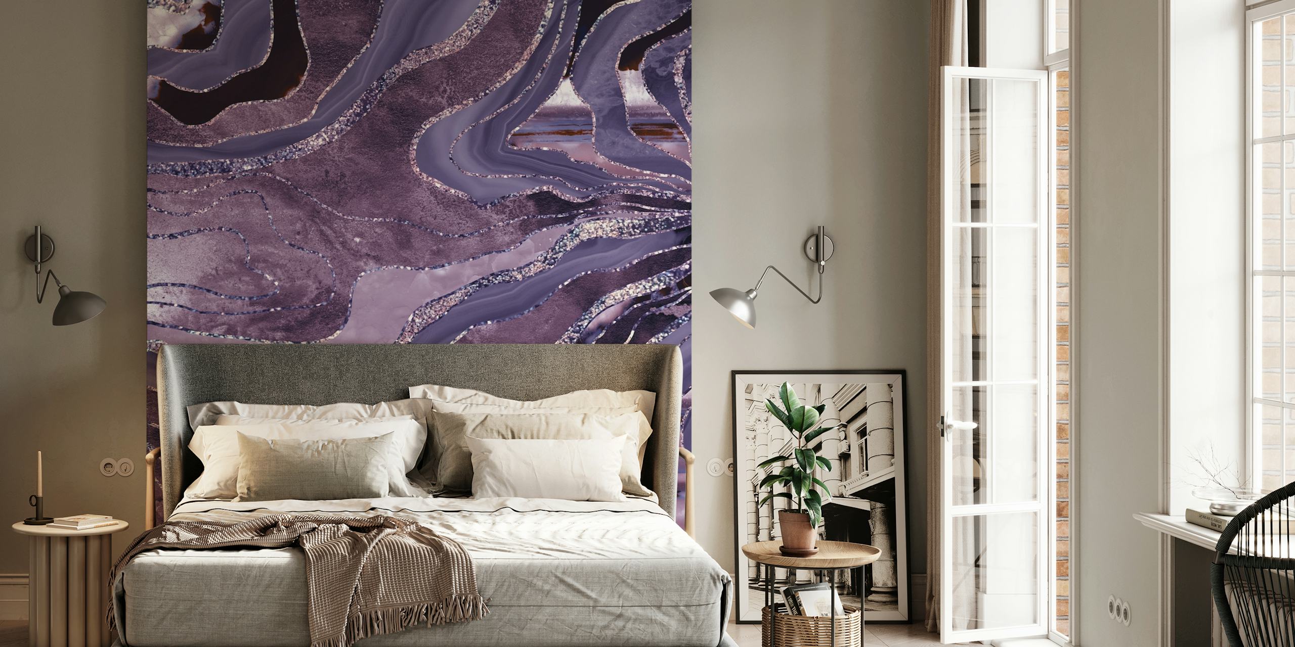 Lavender and mauve fluid marble pattern wallpaper