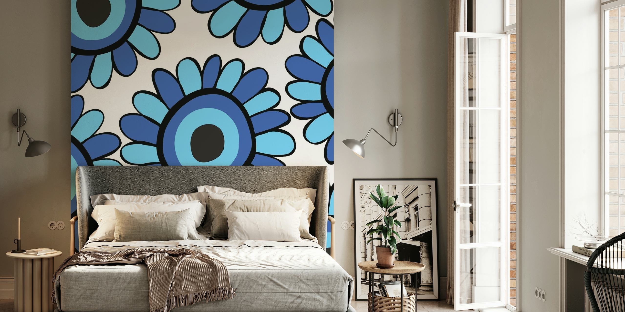 Muurschildering Evil Eye Sunflower Pattern met blauwe en witte kleuren