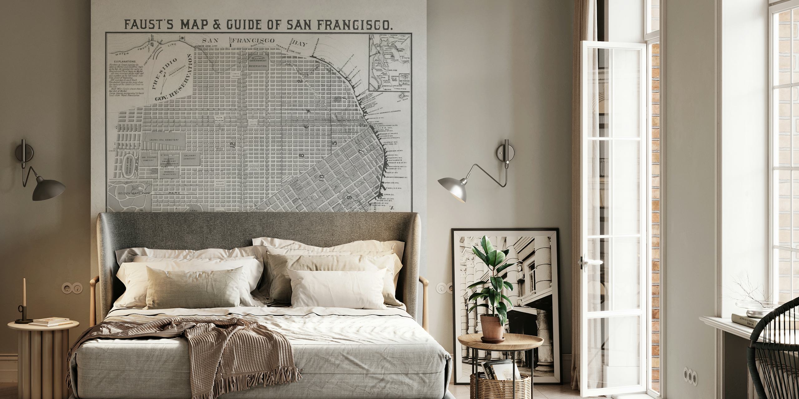 Vintage San Francisco map design in black and white wallpaper
