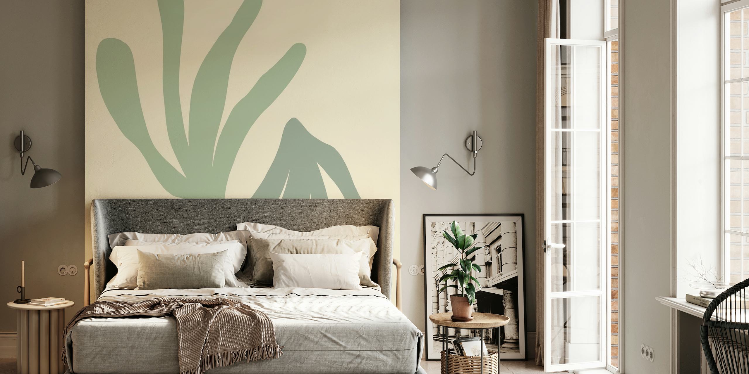 Stylized abstract botanical leaves wall mural in soothing colors