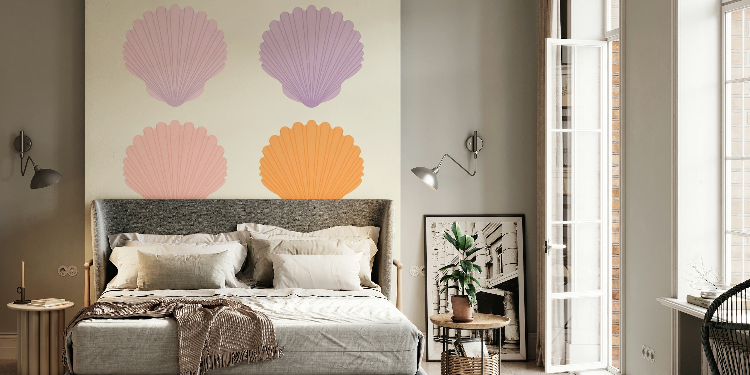Pastel-colored seashells wall mural on a gentle background