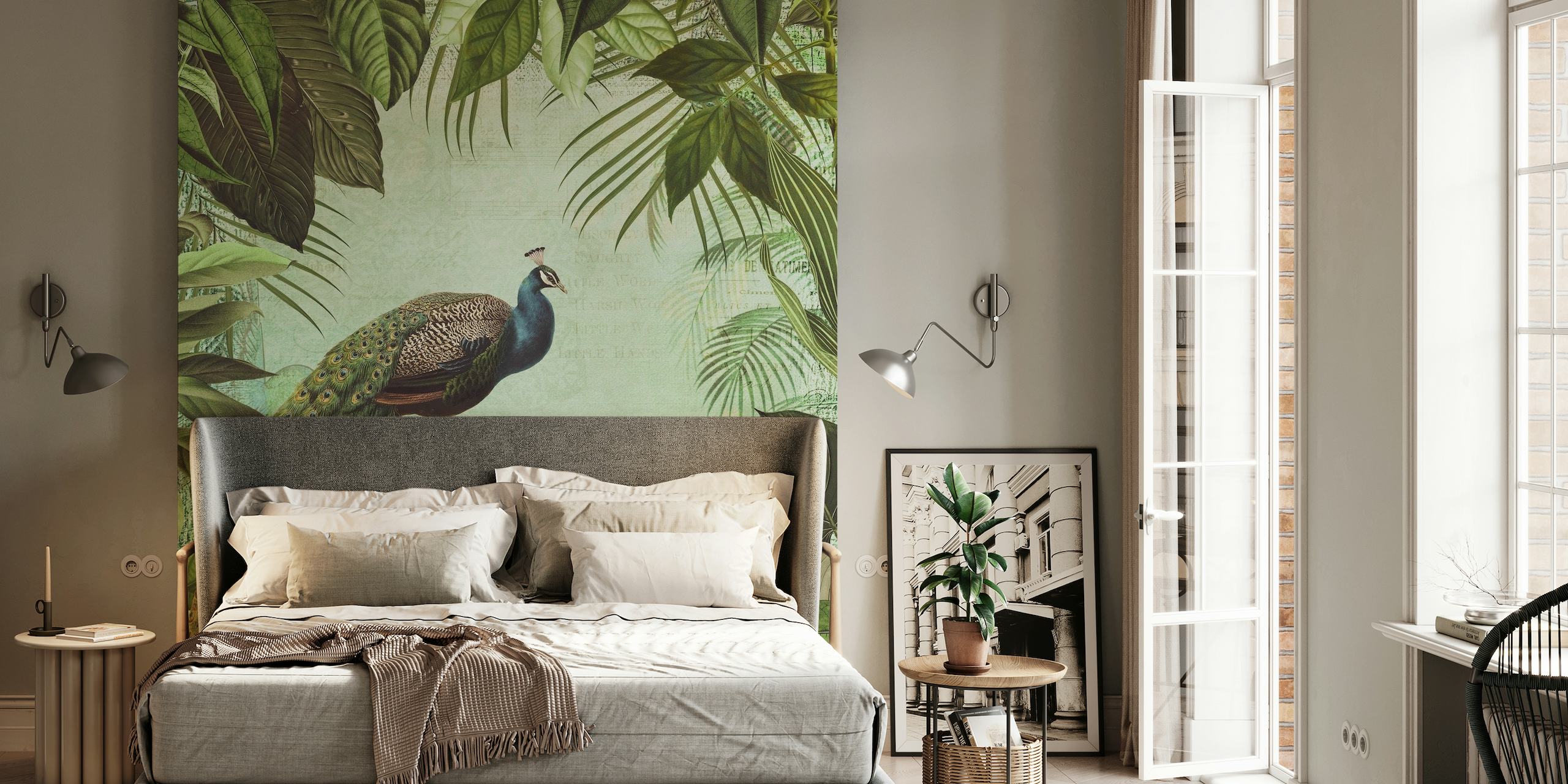 Peacocks with lush green foliage on a wall mural creating a fantasy world atmosphere