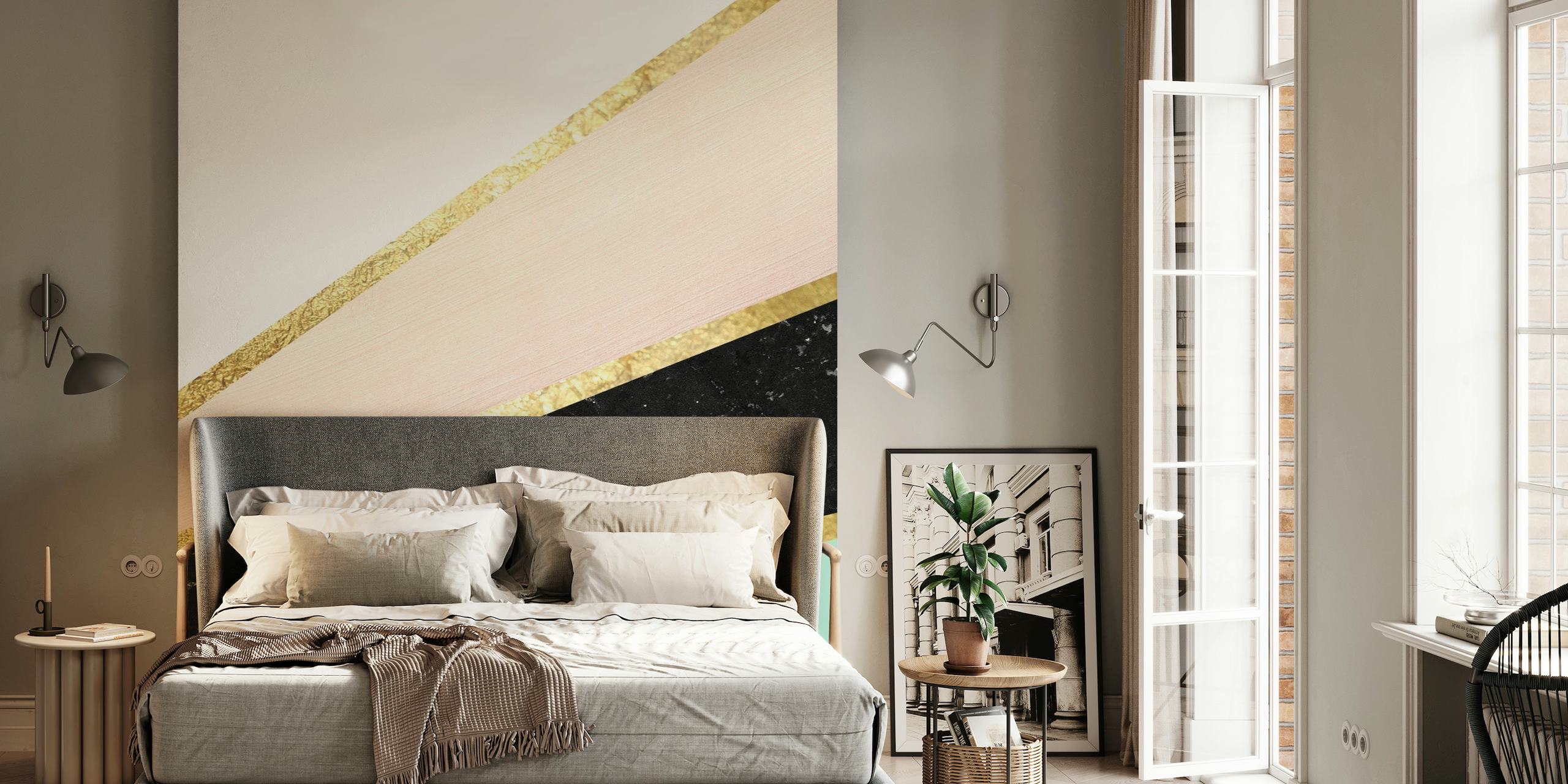 Elegante mint-, blush- en zwartmarmeren muurschildering met gouden accenten