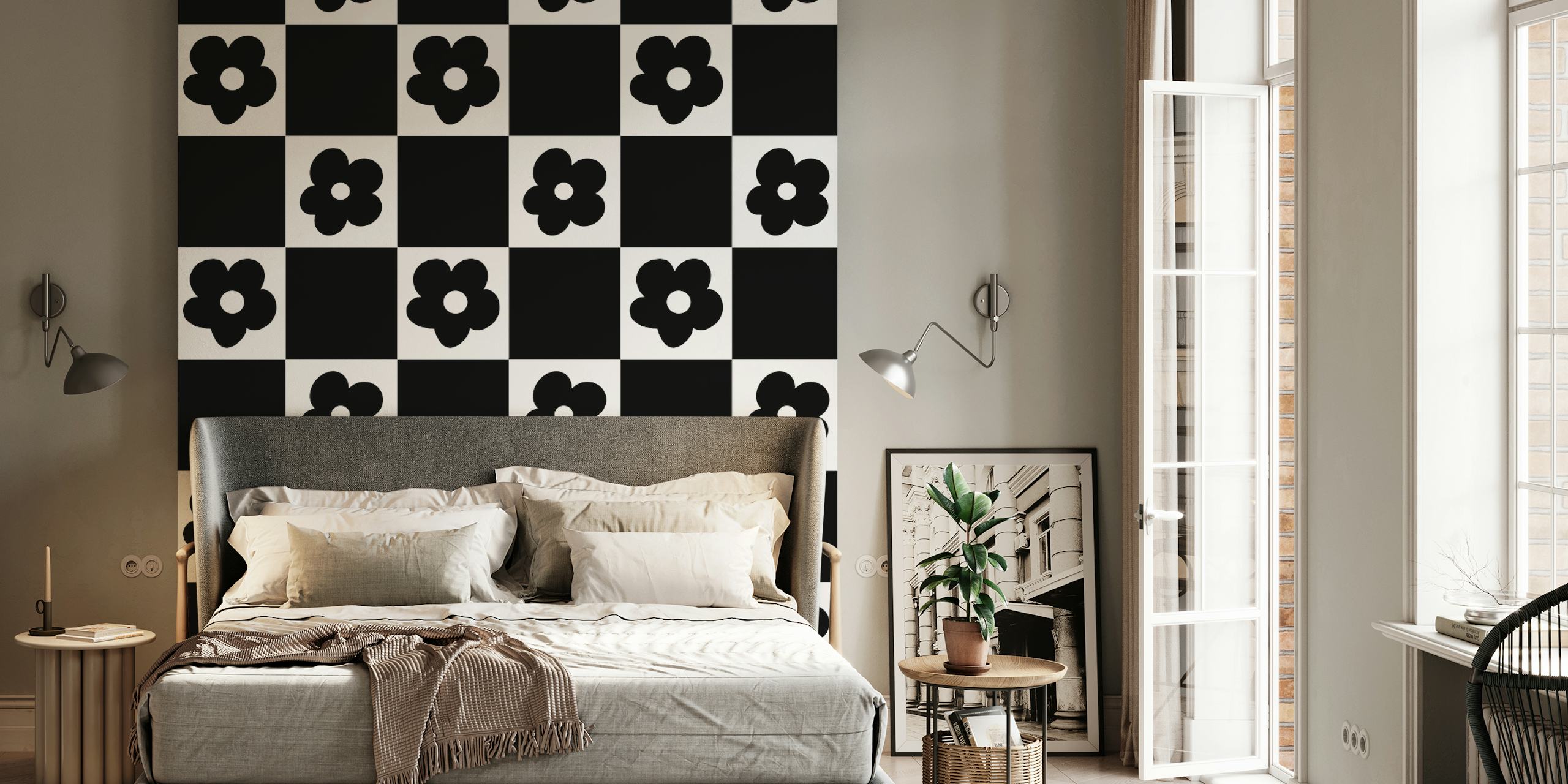 Sort og hvid ternet mønster med blomsterdesign vægmaleri
