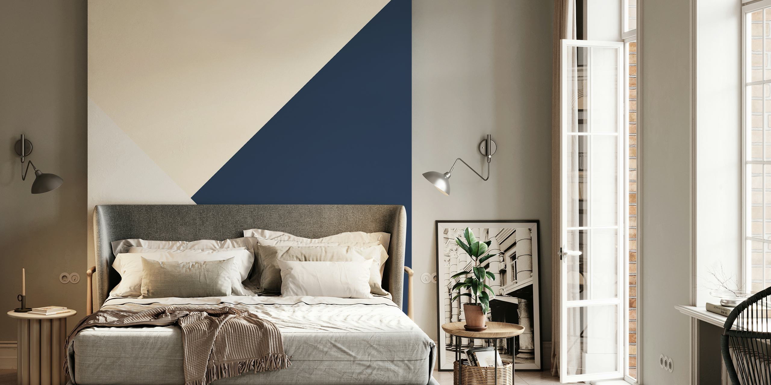 Geometric shapes in blush pink, blue, and white wallpaper