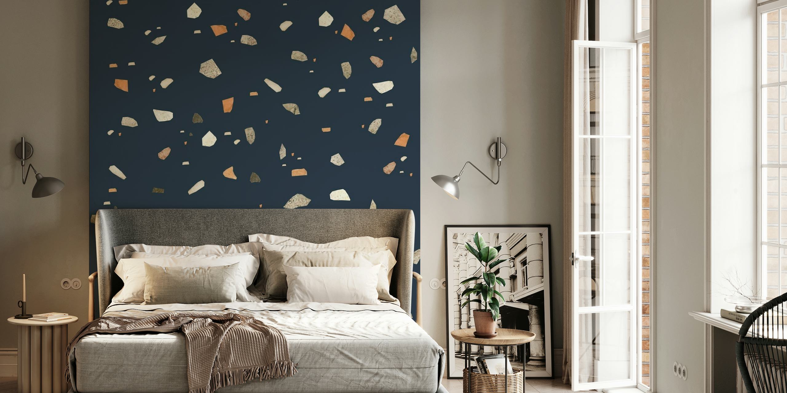 Midnight Navy Terrazzo patterned wall mural with neutral and earth-toned speckles on a dark blue background