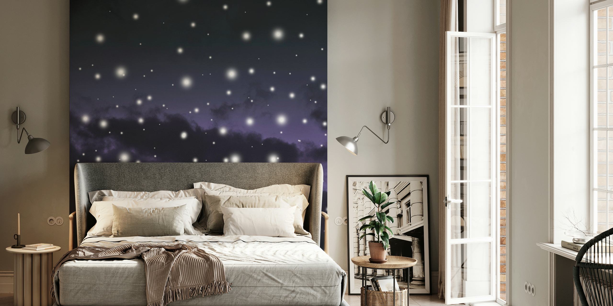 Galaktisk stjerneklar nattehimmel med lilla og blå tåger vægmaleri