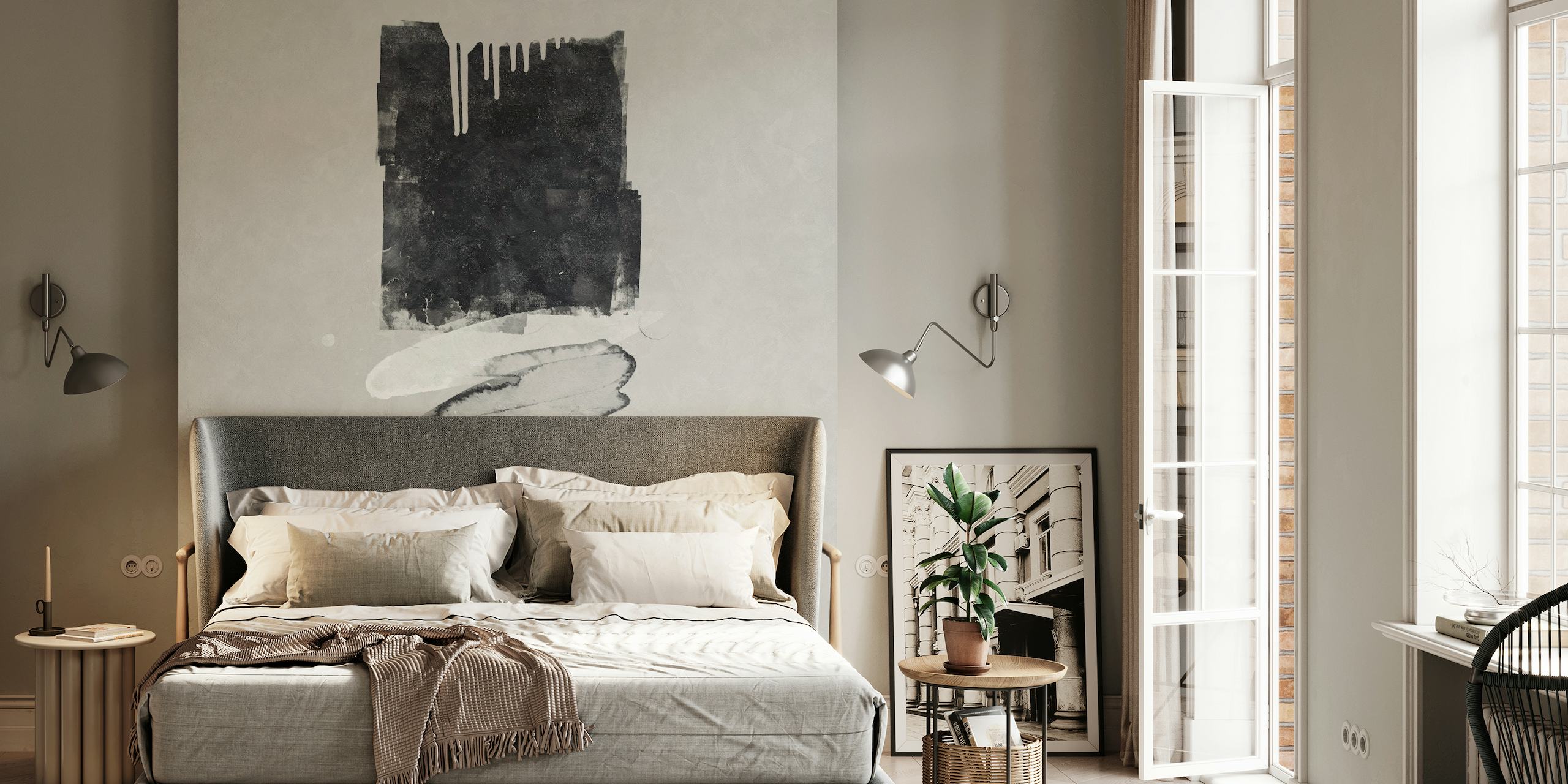 Abstract ink black and white wall mural with textured brush strokes