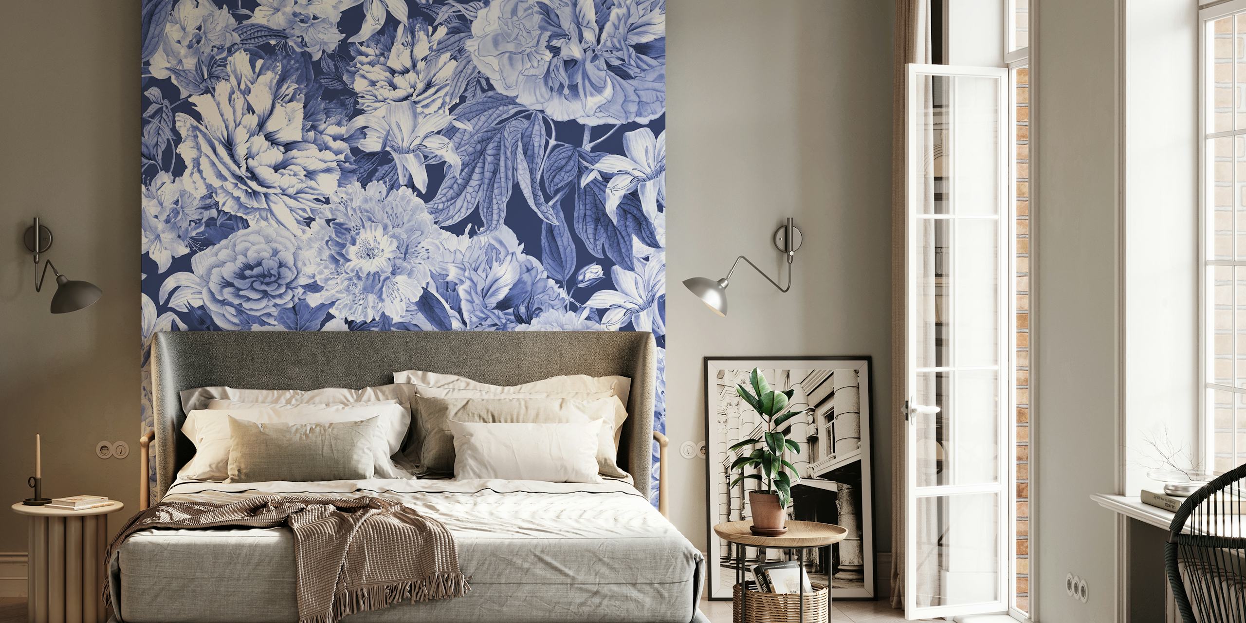 Exhibición de papel pintado Blue Nostalgic Flower Pattern