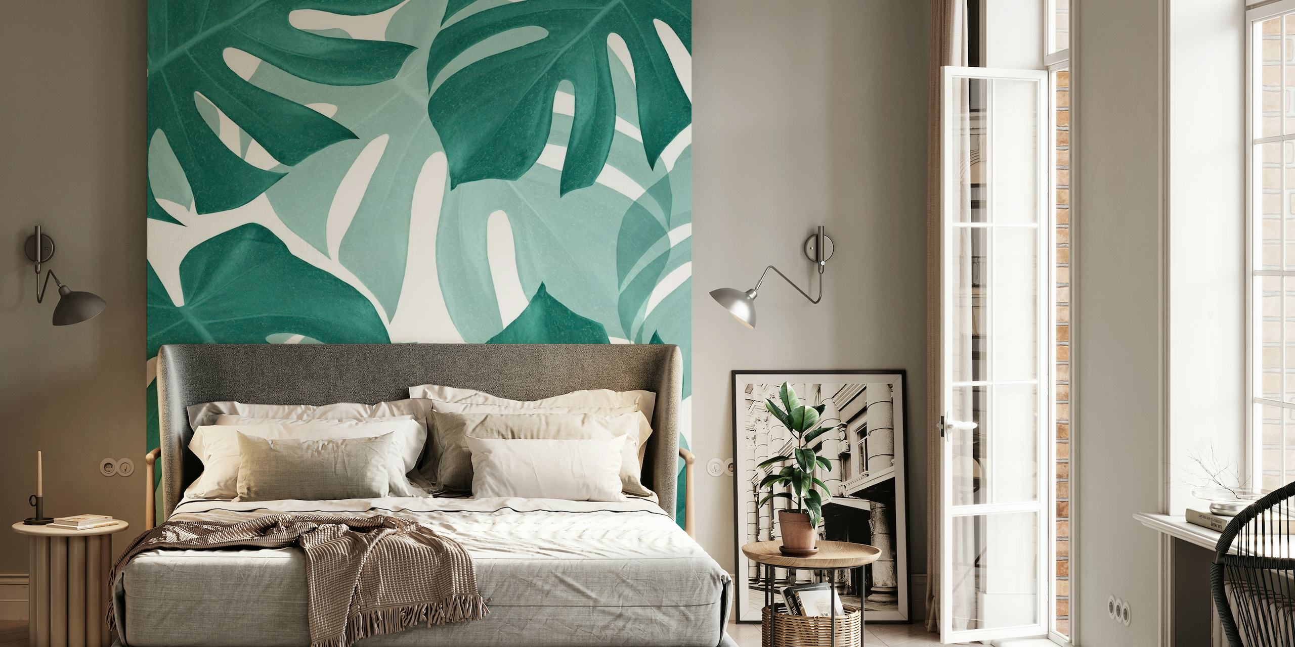 Monstera Leaves Vibes 1 wall mural with teal and white tropical leaves