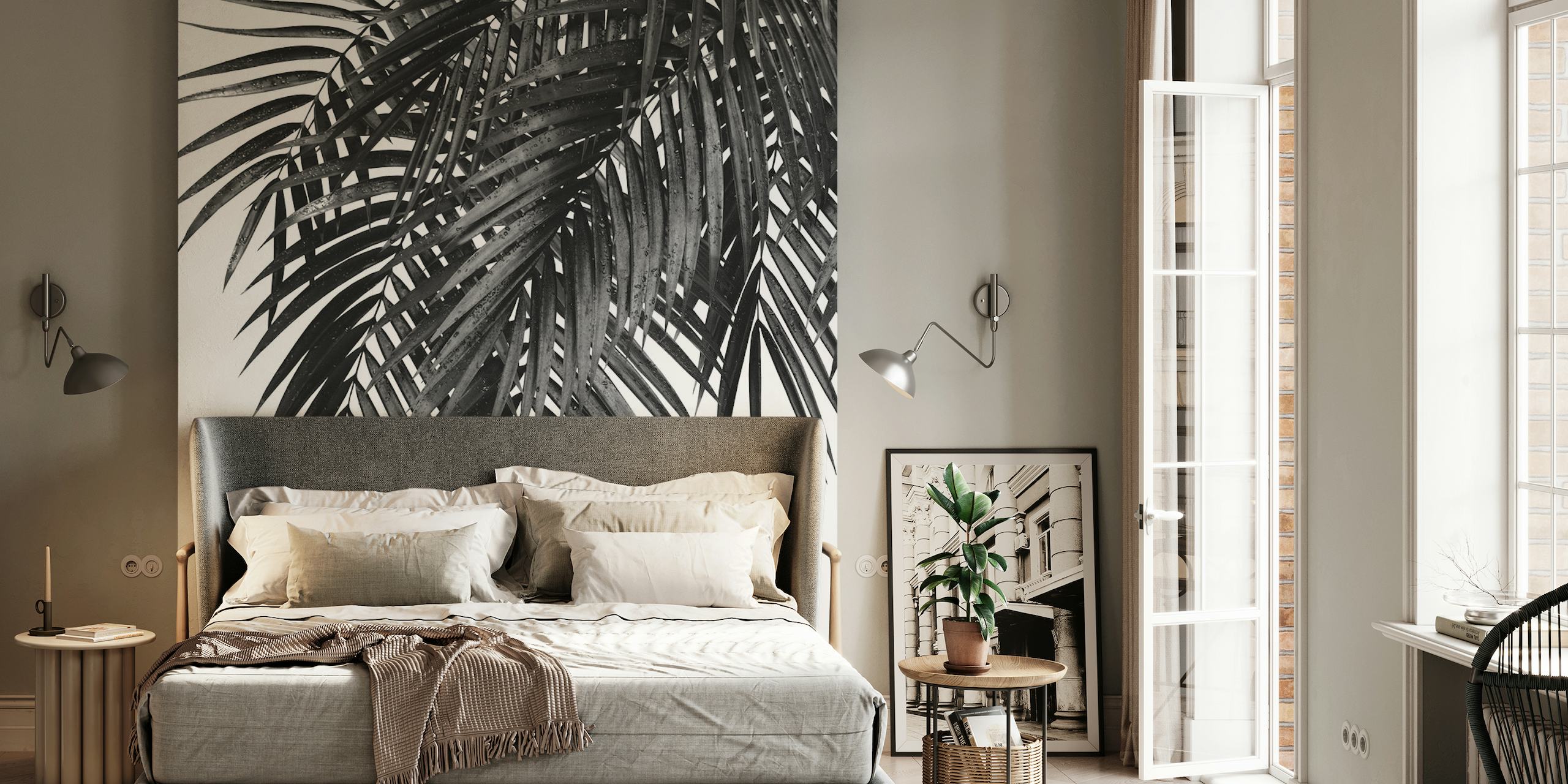 Svart og hvit palmeblad veggmaleri for moderne interiørdesign