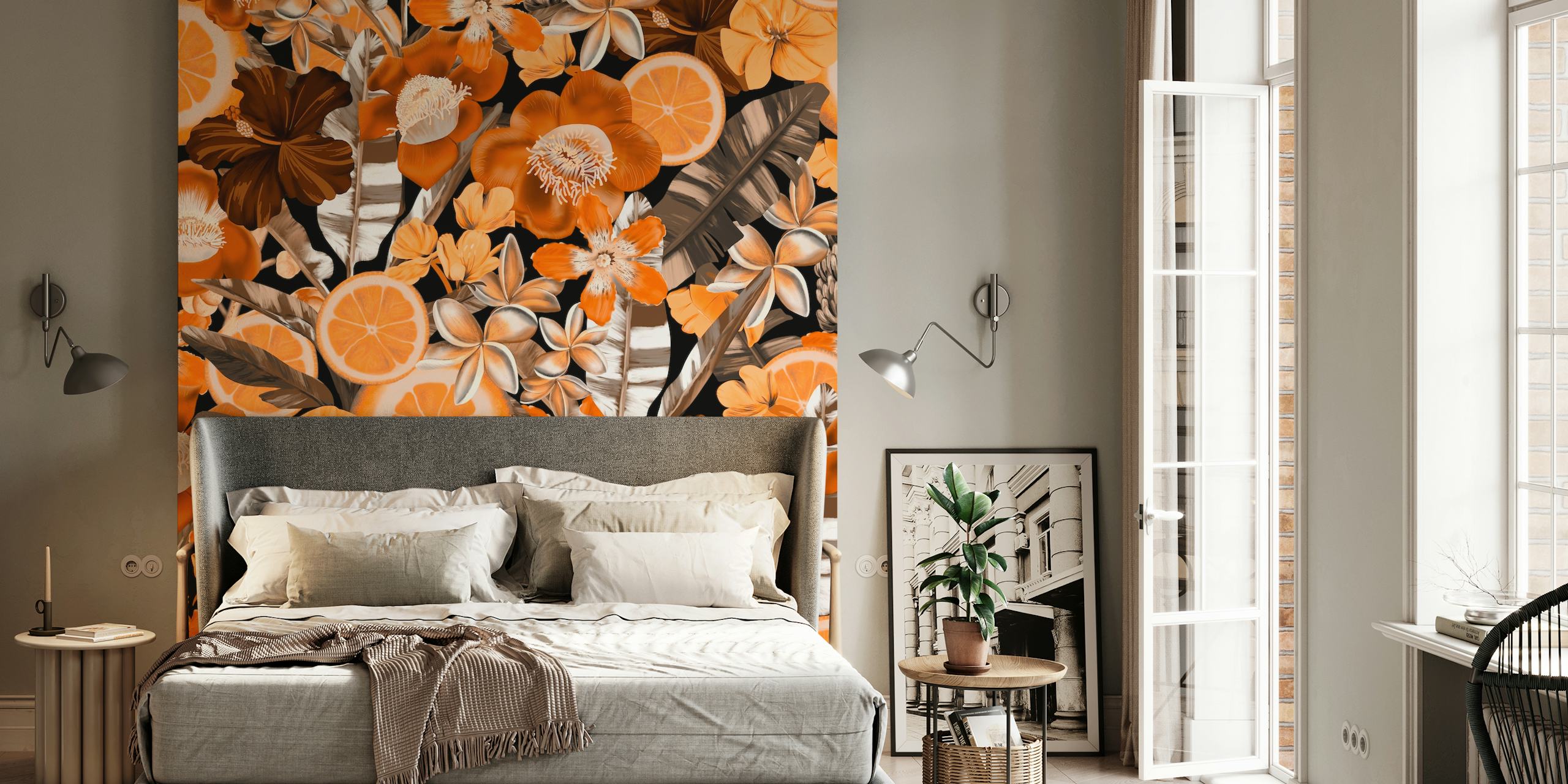 Seamless flowers and fruits wallpaper in een kamer