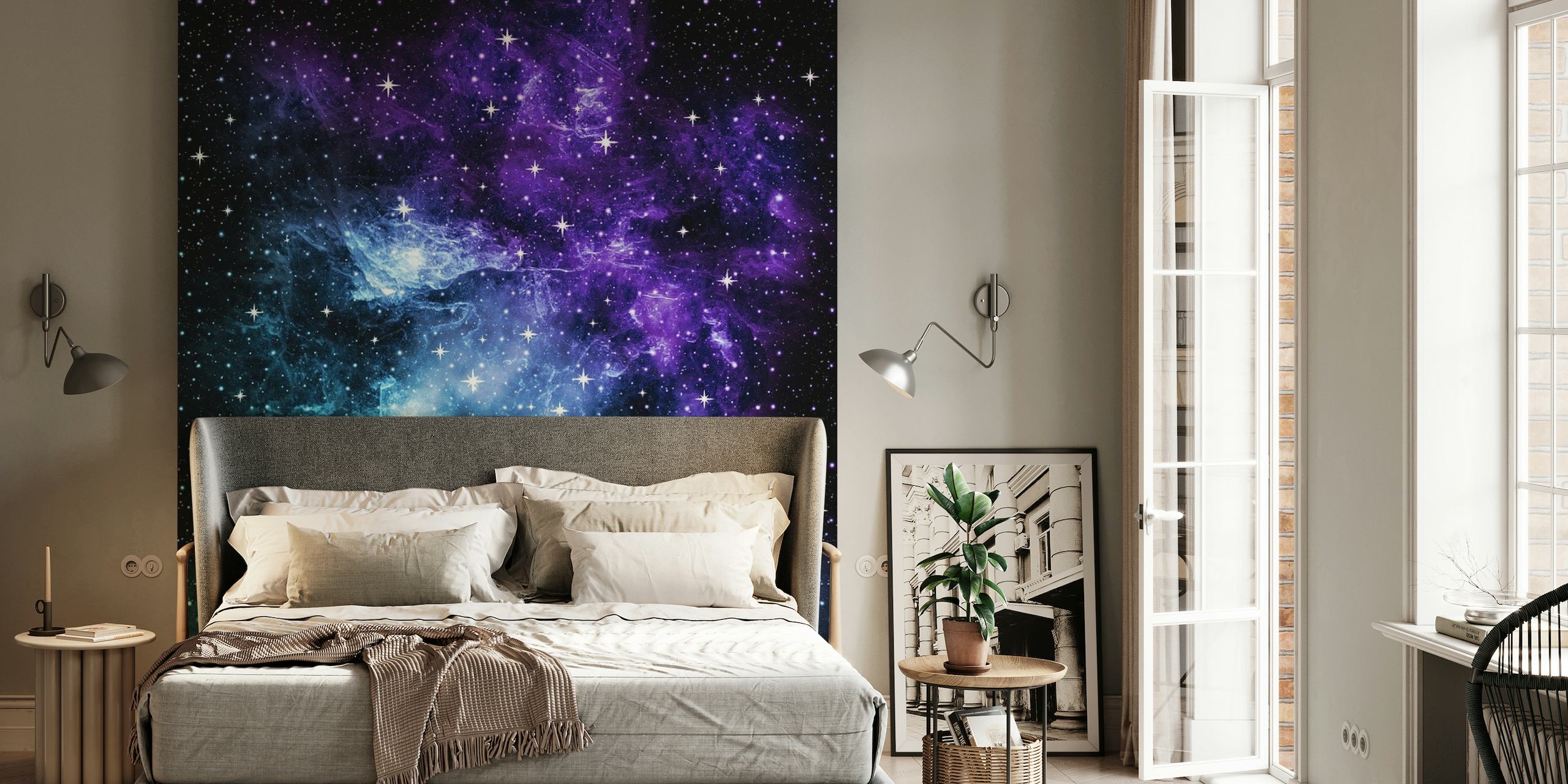 Sterrenhemel paarse en blauwgroen galaxy nevel muurschildering