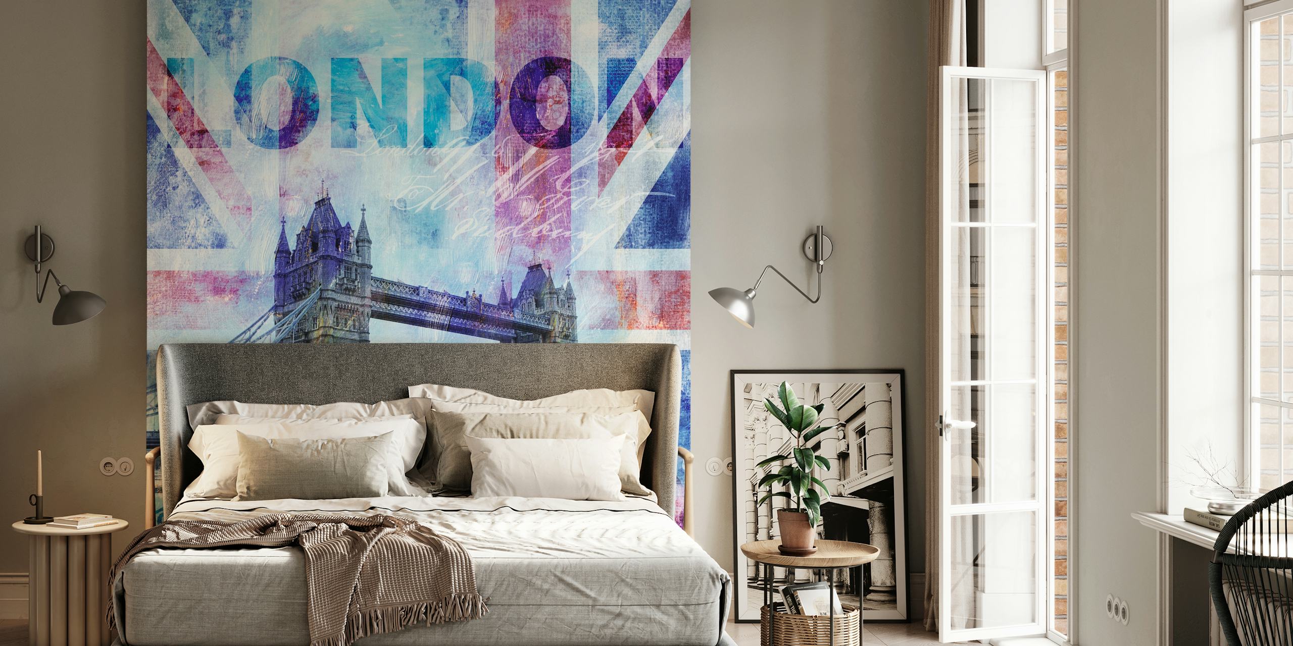 London Bridge with blue tones and British flag wallpaper