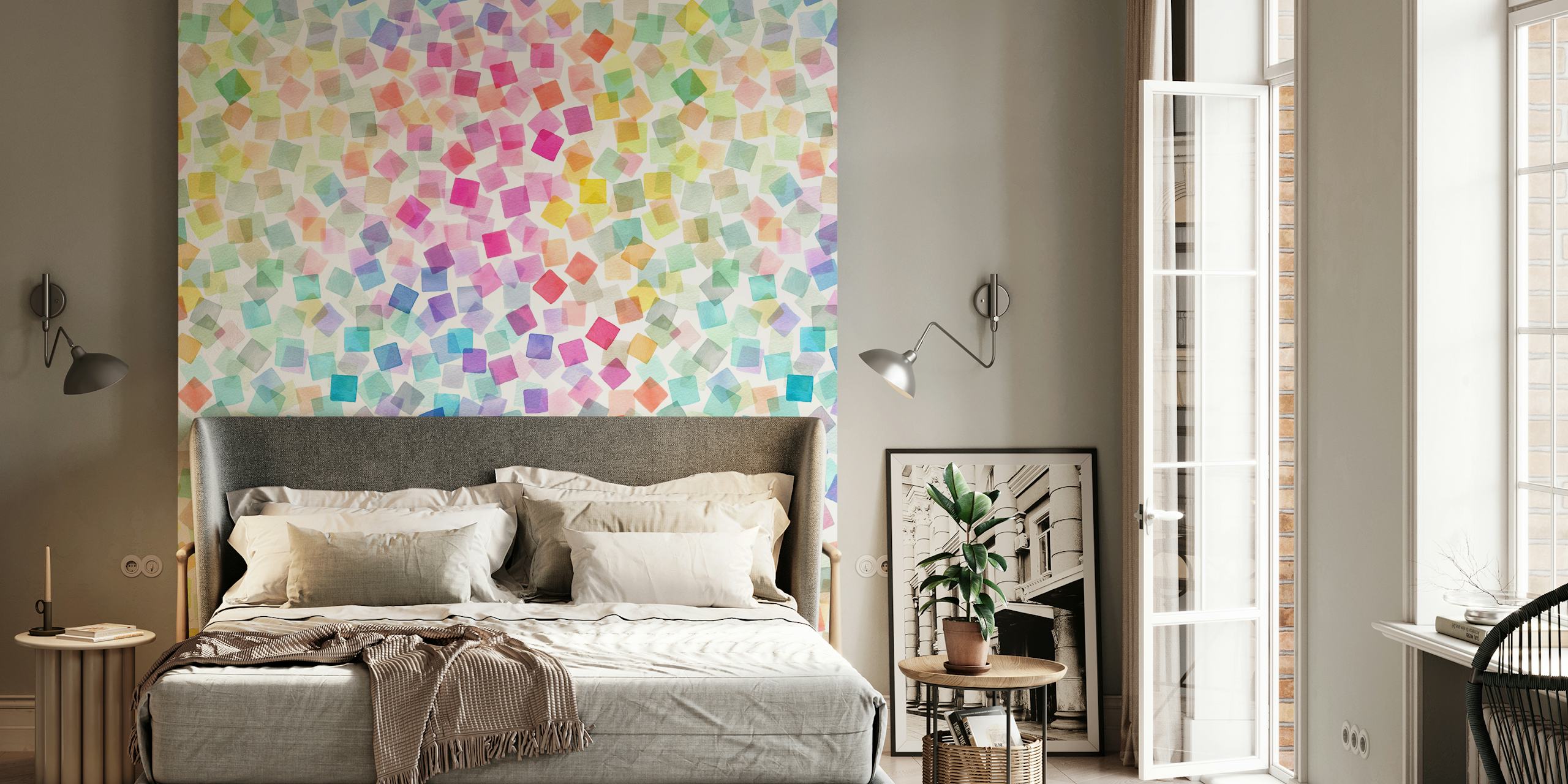 Colorful geometric confetti pattern wallpaper in soft pastel hues