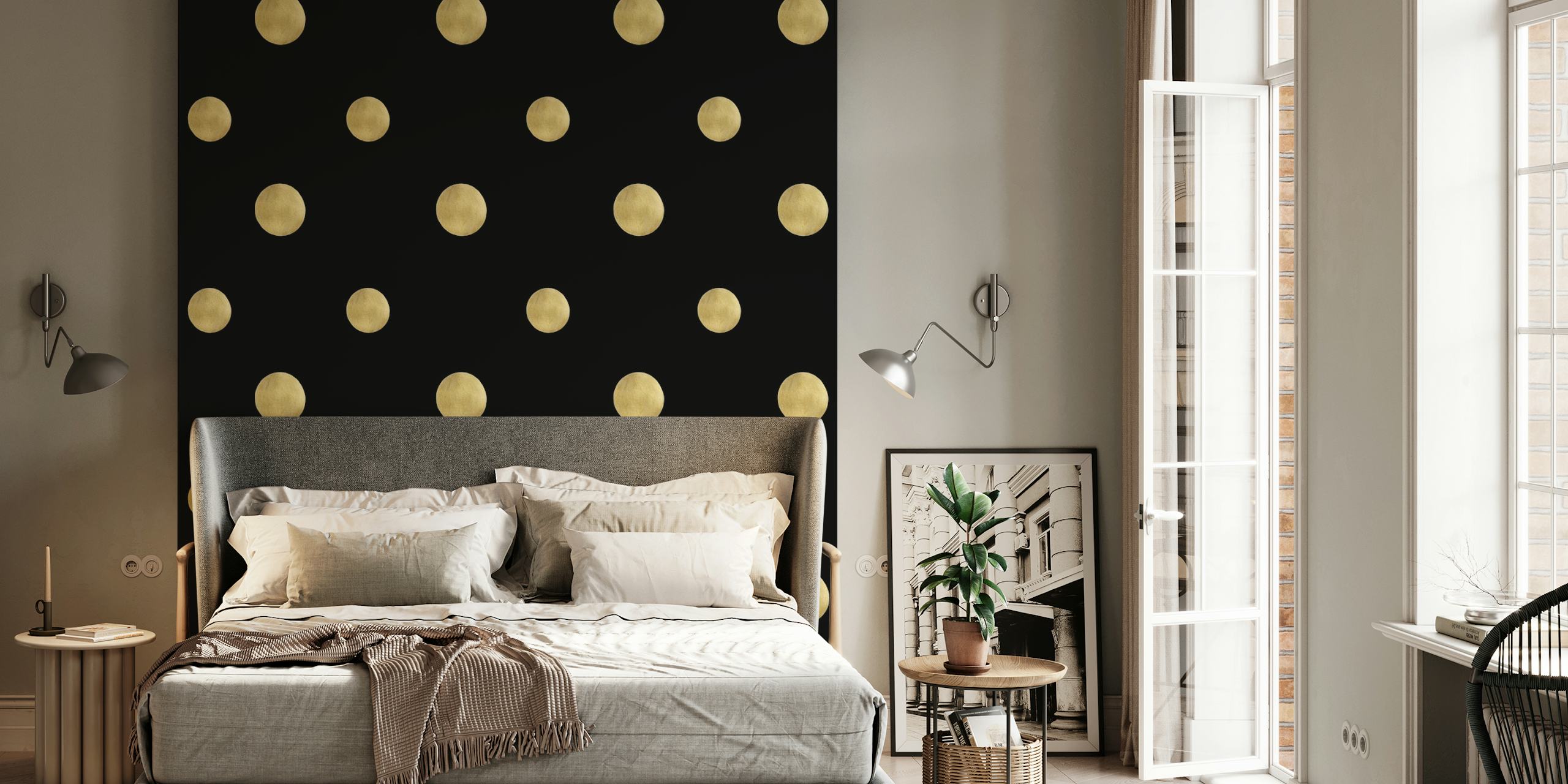 Gold polka dots on a black background wallpaper