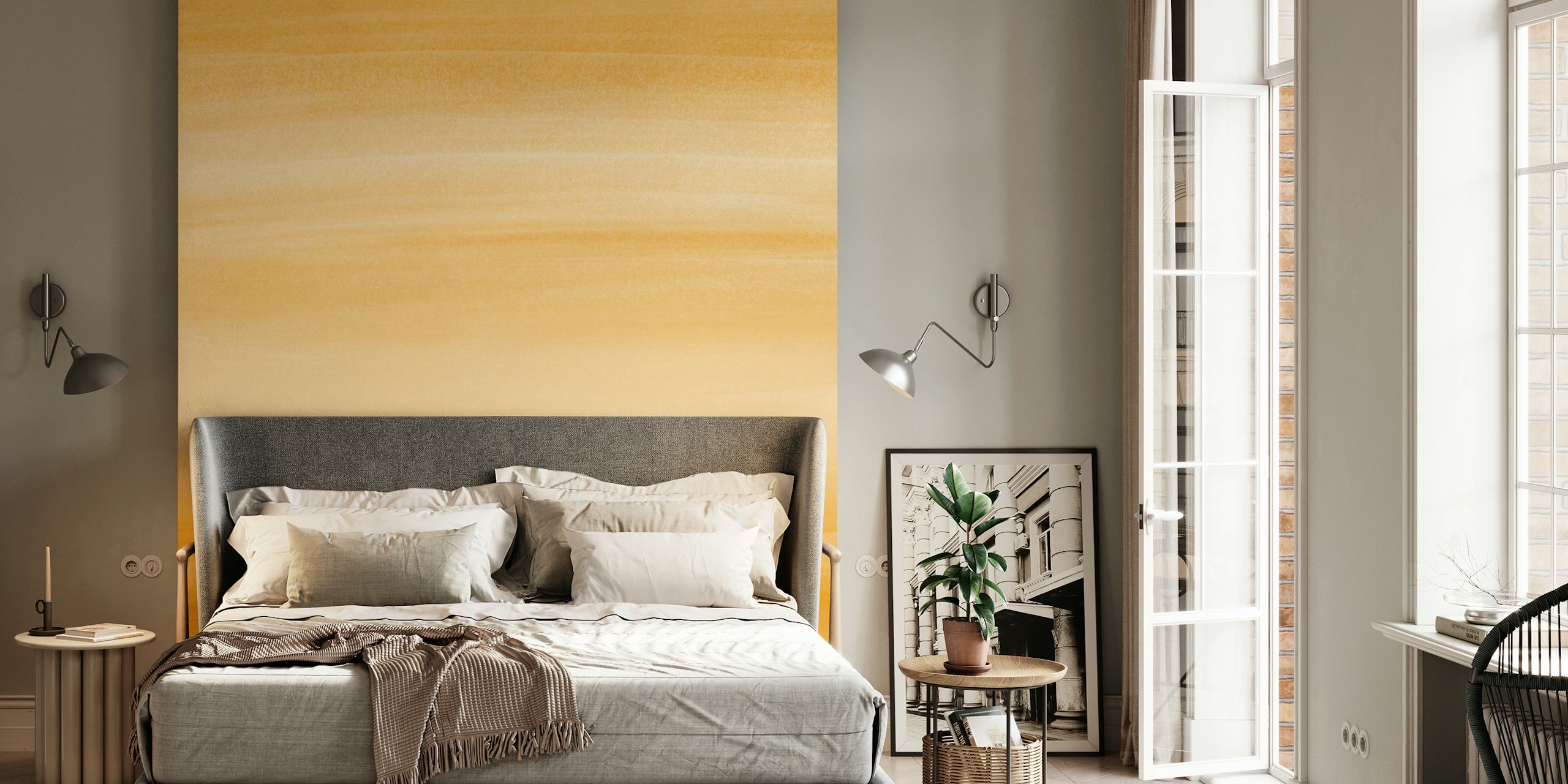 Warm yellow watercolor wallpaper in a room