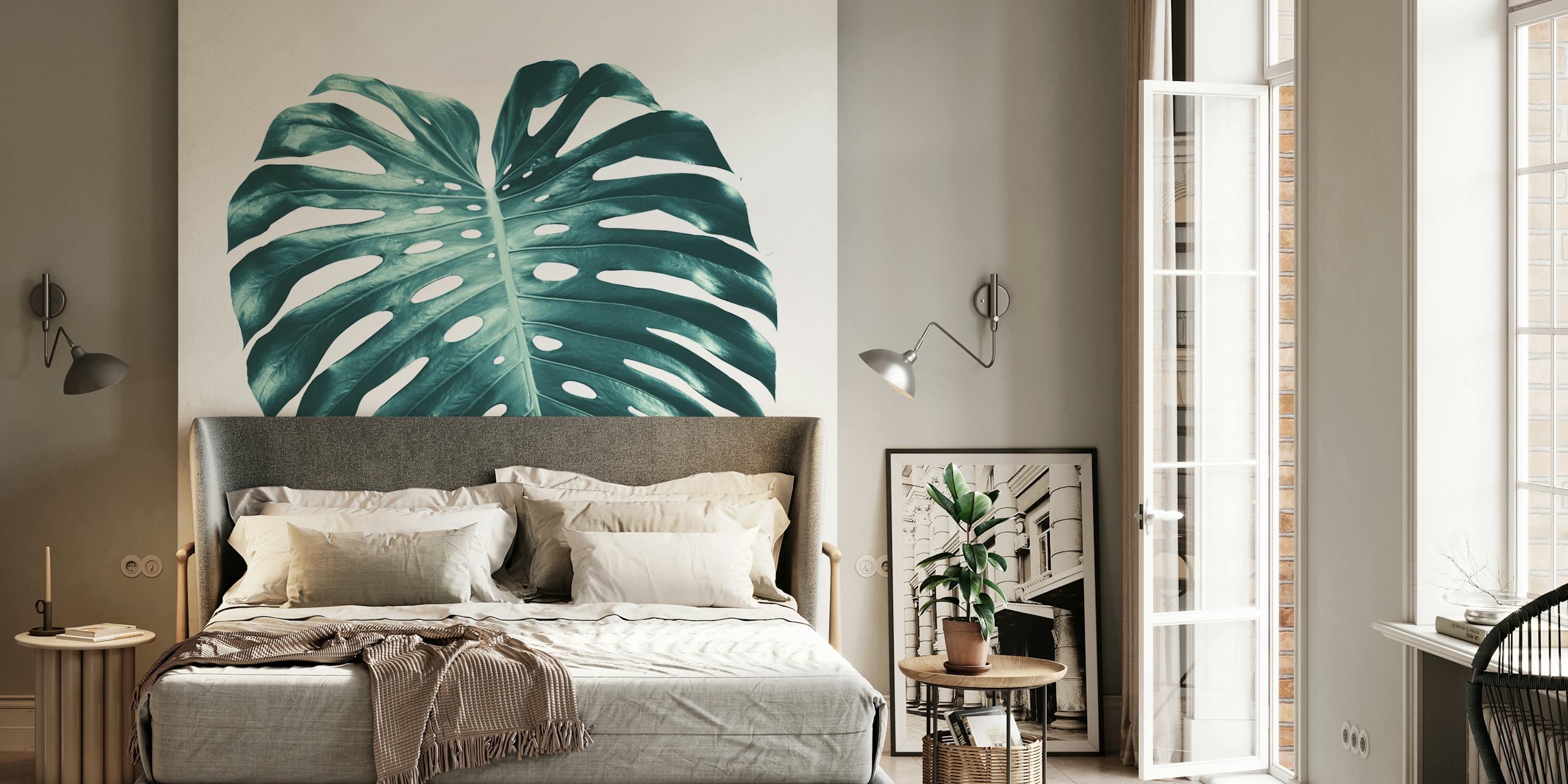 Large tropical Monstera leaf on white background wallpaper