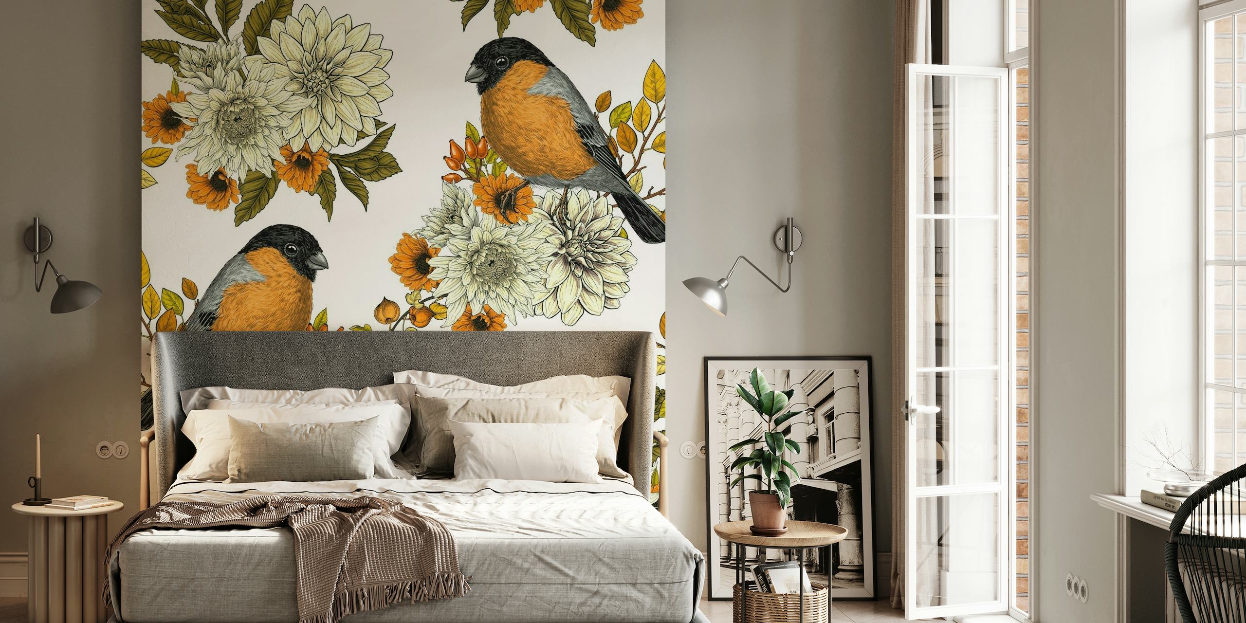 Bullfinch on autumn florals 2 wallpaper