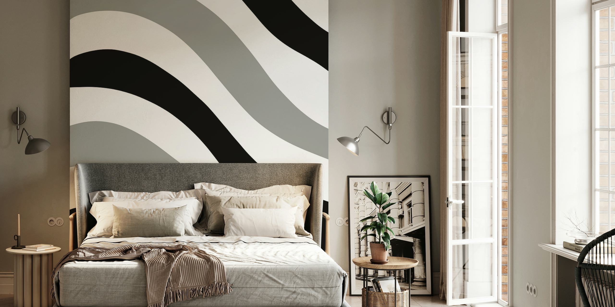 Black and white retro summer wave pattern wall mural