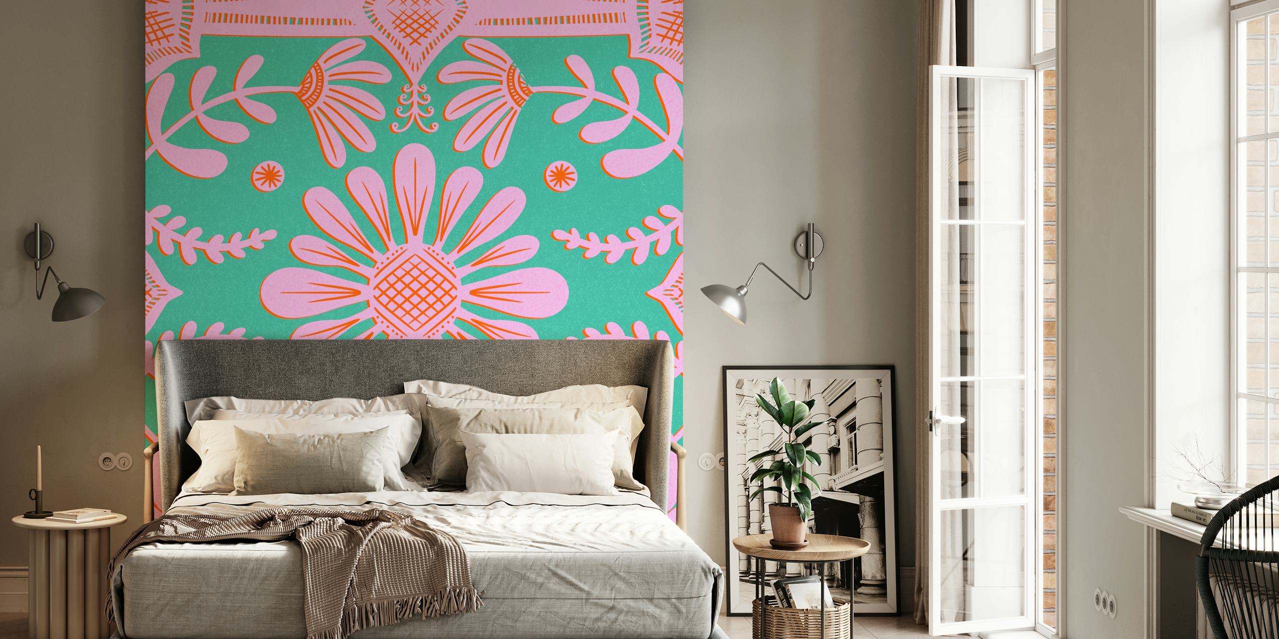 Boho floral geometric pattern in pink and green wallpaper