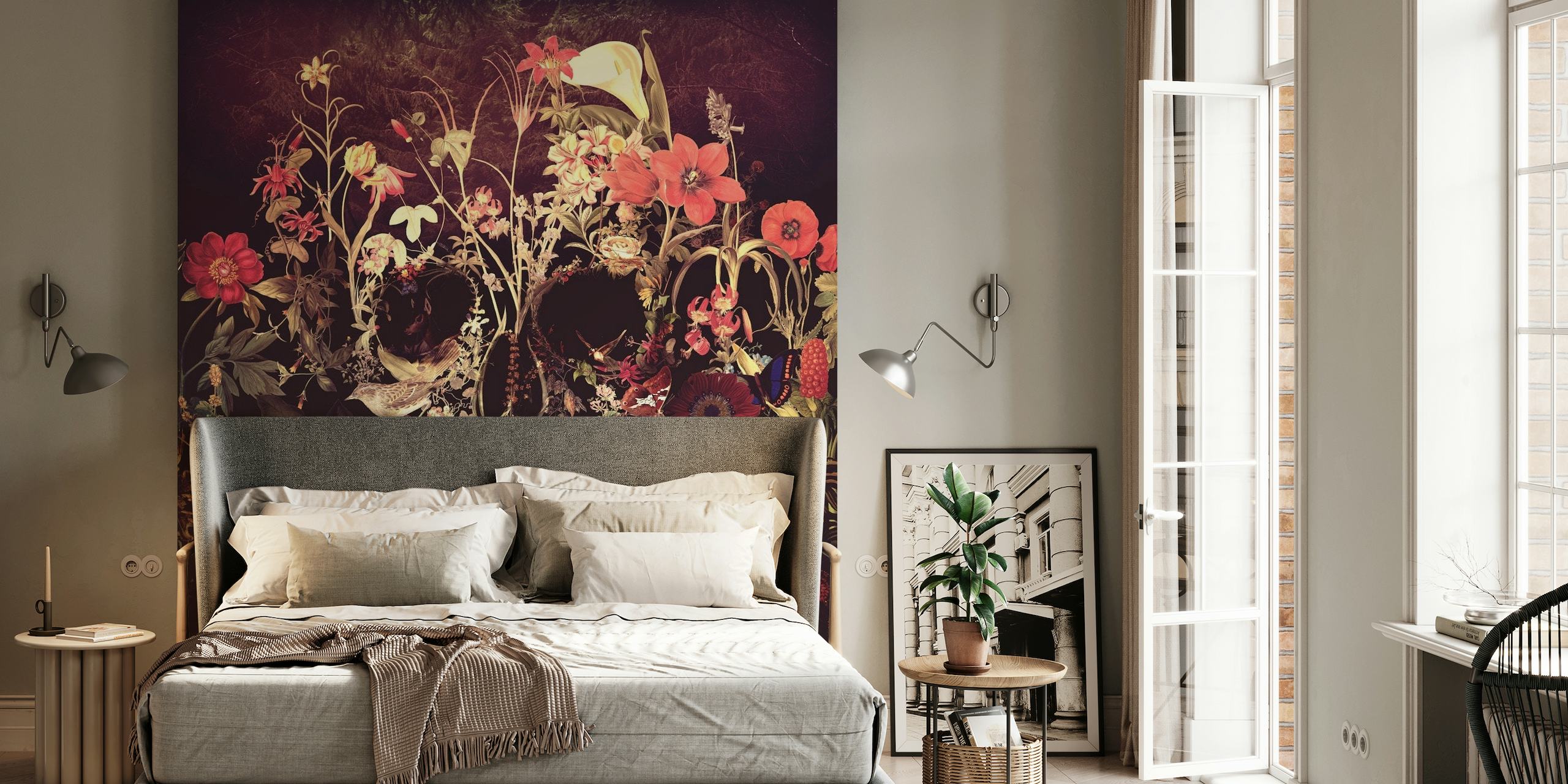 A dark, floral wall mural with a hidden skull design amidst vibrant blooming flowers