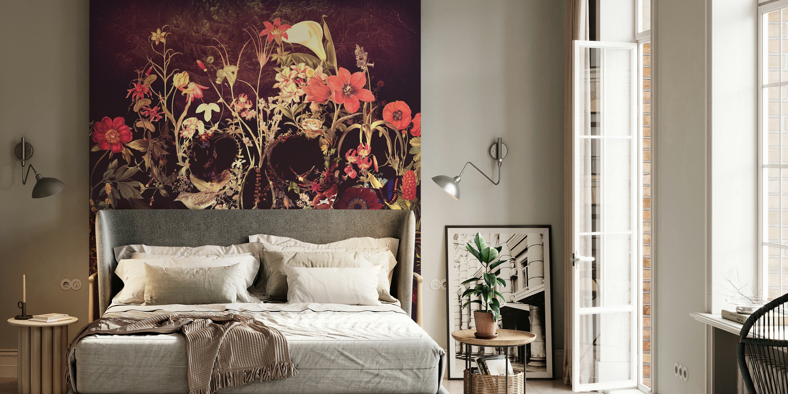 En mörk, blommig tapet med en dold dödskalledesign bland livfulla blommande blommor