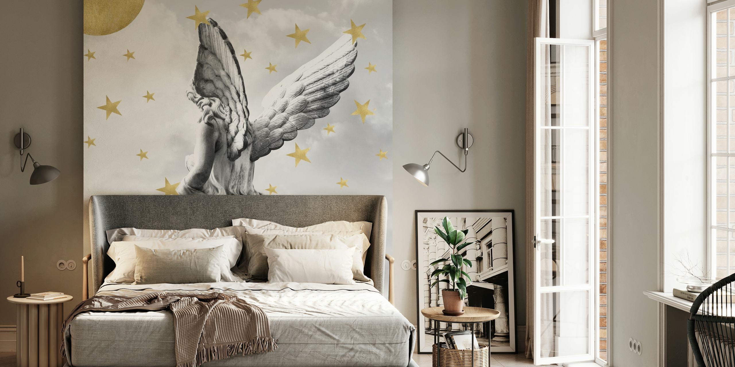 Angel statue with wings and stars against a gray background wallpaper