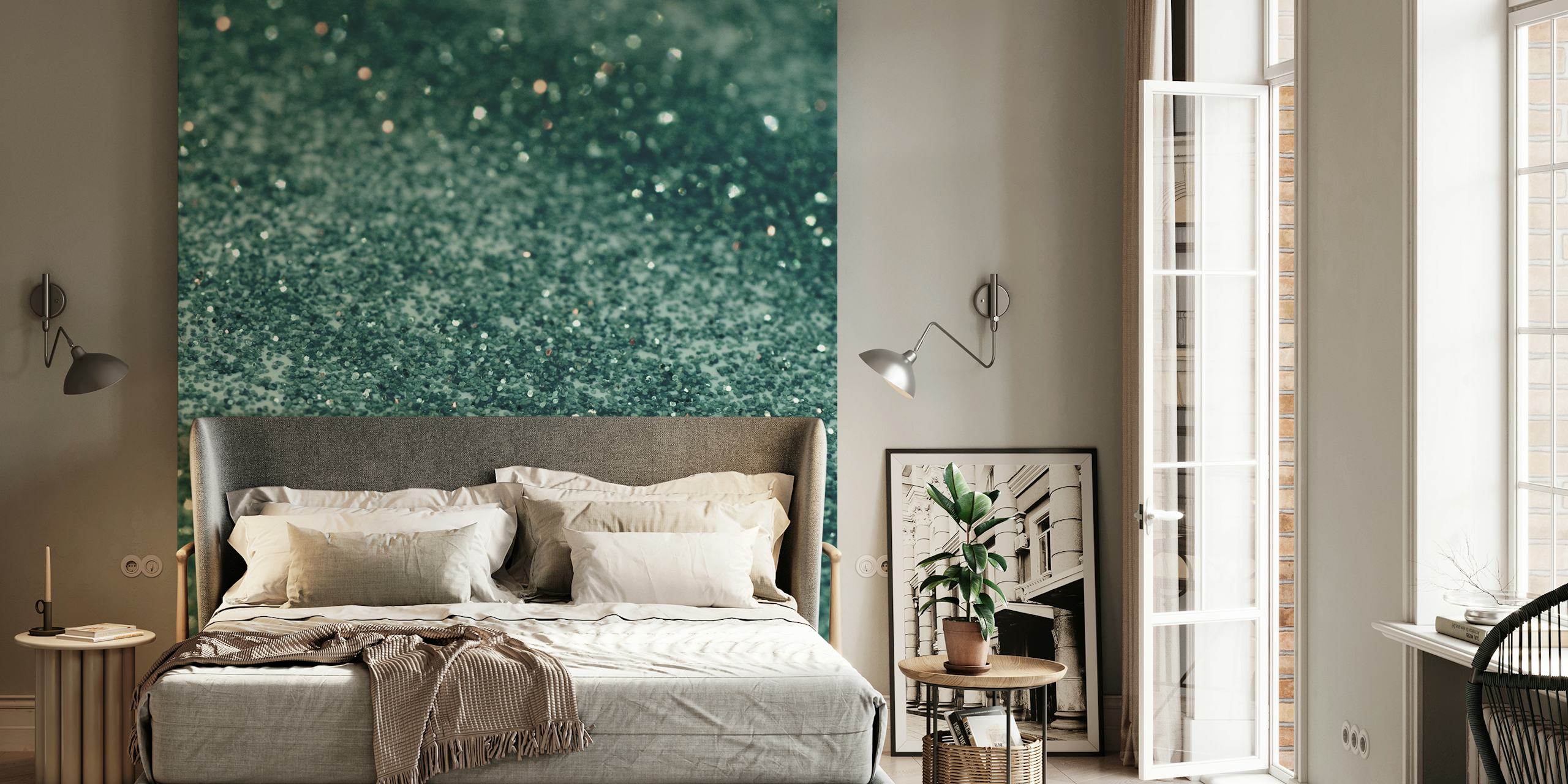 Carta da parati con texture glitter verde acqua che ricorda la coda di una sirena sott'acqua