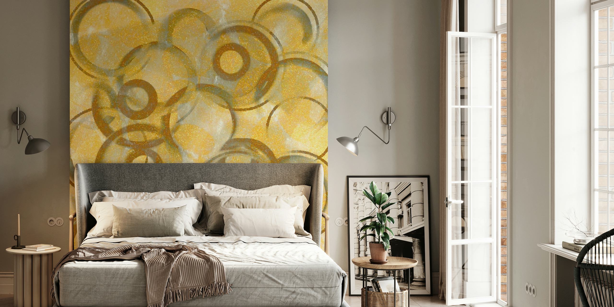 Goldenes, abstraktes Vintage-Wandbild mit warmen Tönen und kreisförmigen Mustern