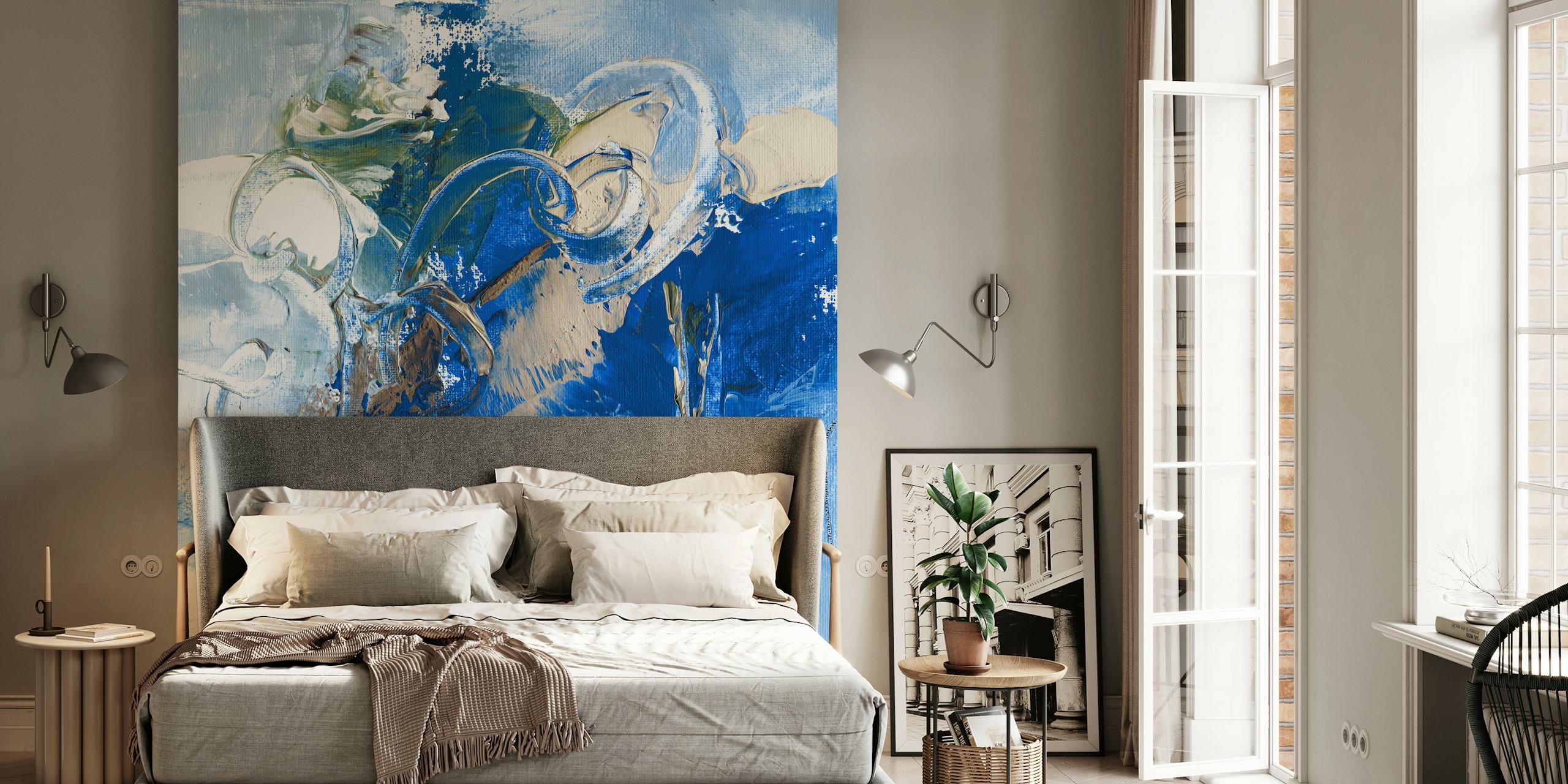 Blue abstract brush strokes and shapes wallpaper