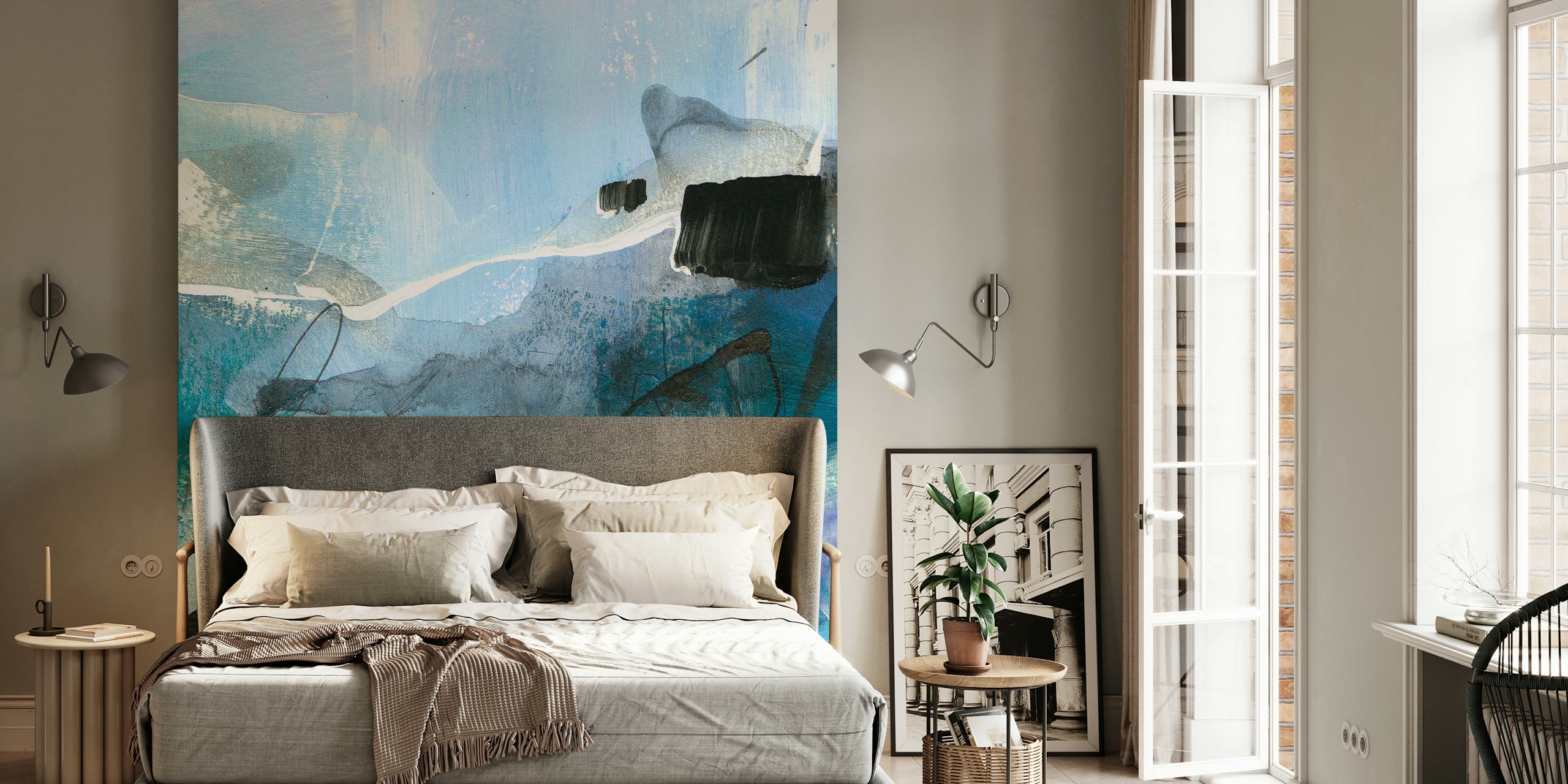 Blue and black abstract wallpaper with dynamic brush strokes