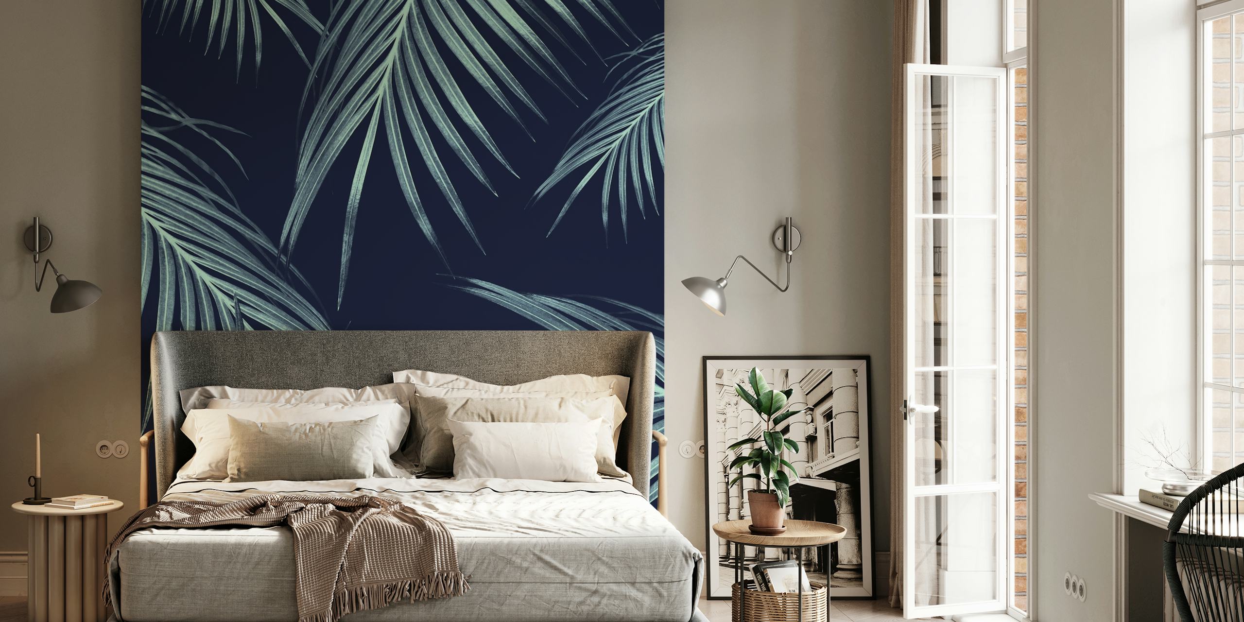 Navy blue tropical palm leaves wallpaper