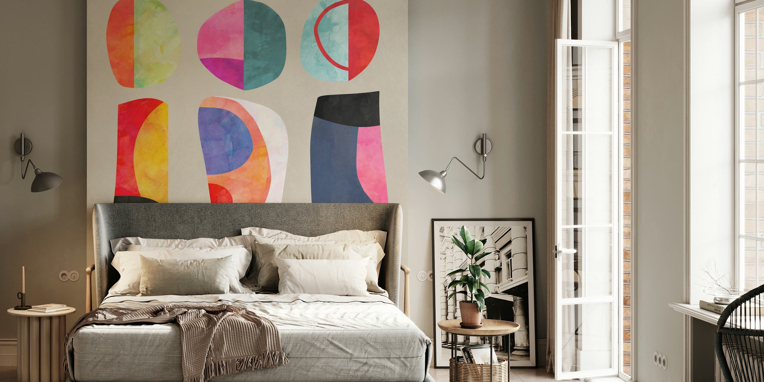 Colorful abstract shapes in pink, blue, and black wallpaper