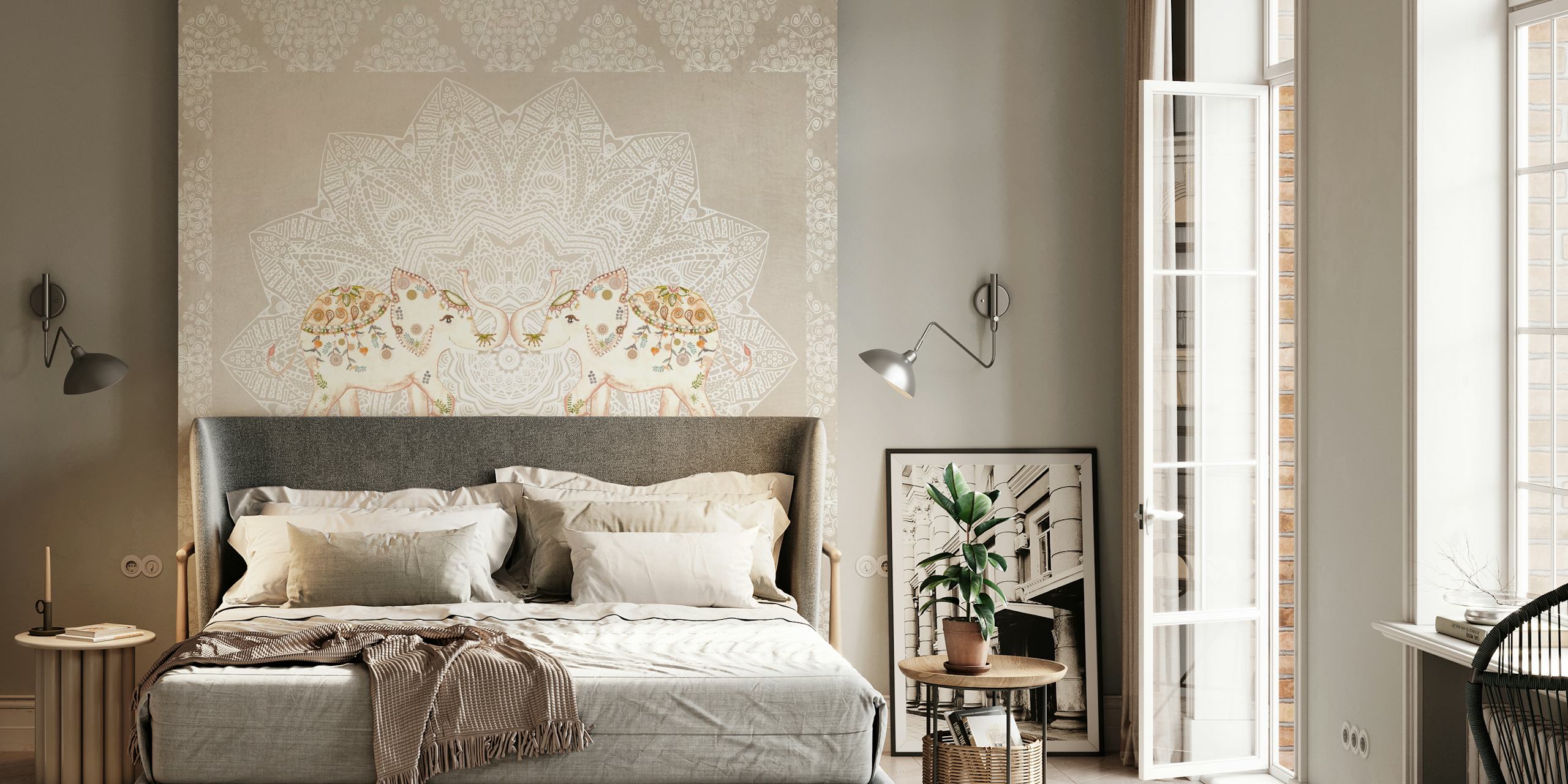 Two decorated elephants surrounded by a mandala pattern, soft gray wallpaper