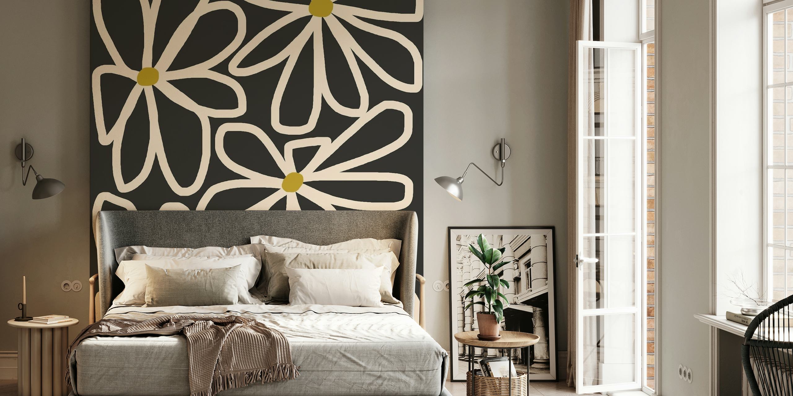 Abstract white and yellow daisies on a dark background wall mural