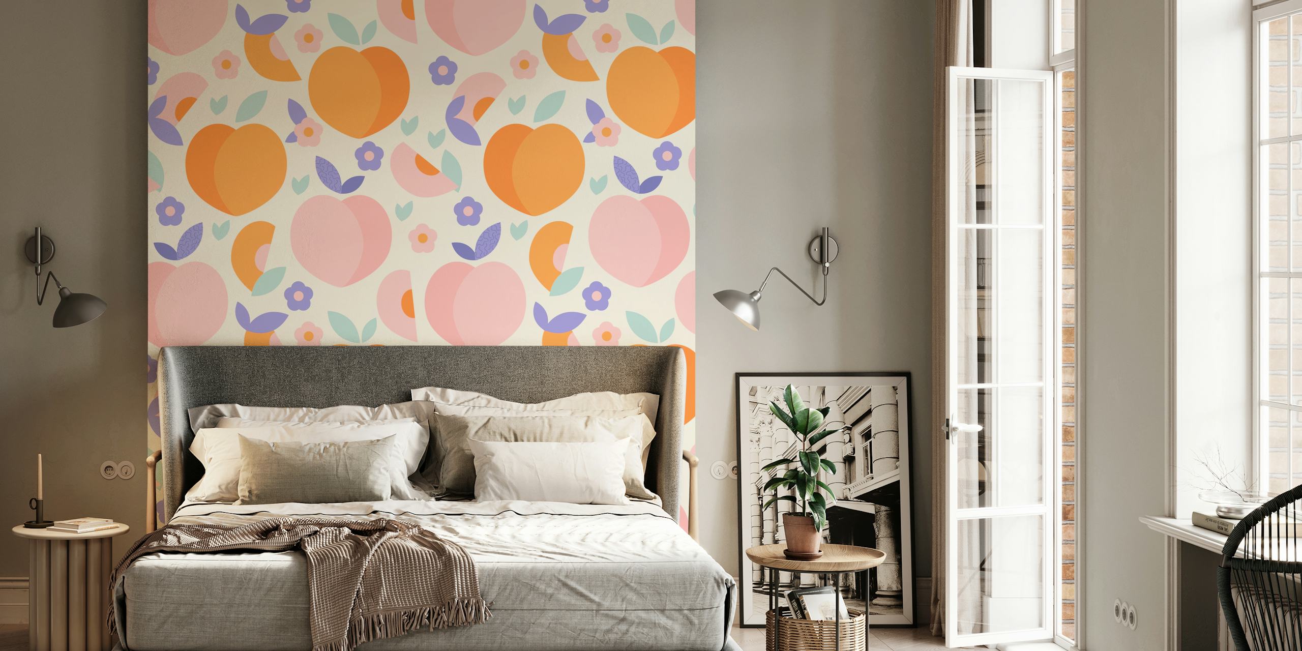 Peach and purple floral pattern wallpaper with leaves