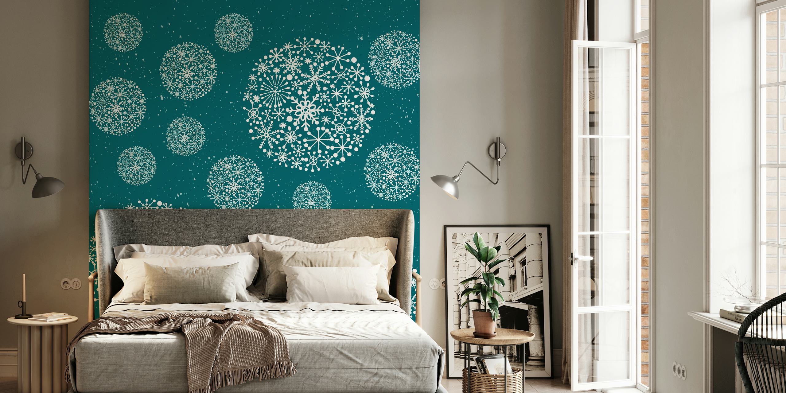 Elegant snöflingemönster på en teal bakgrundstapet
