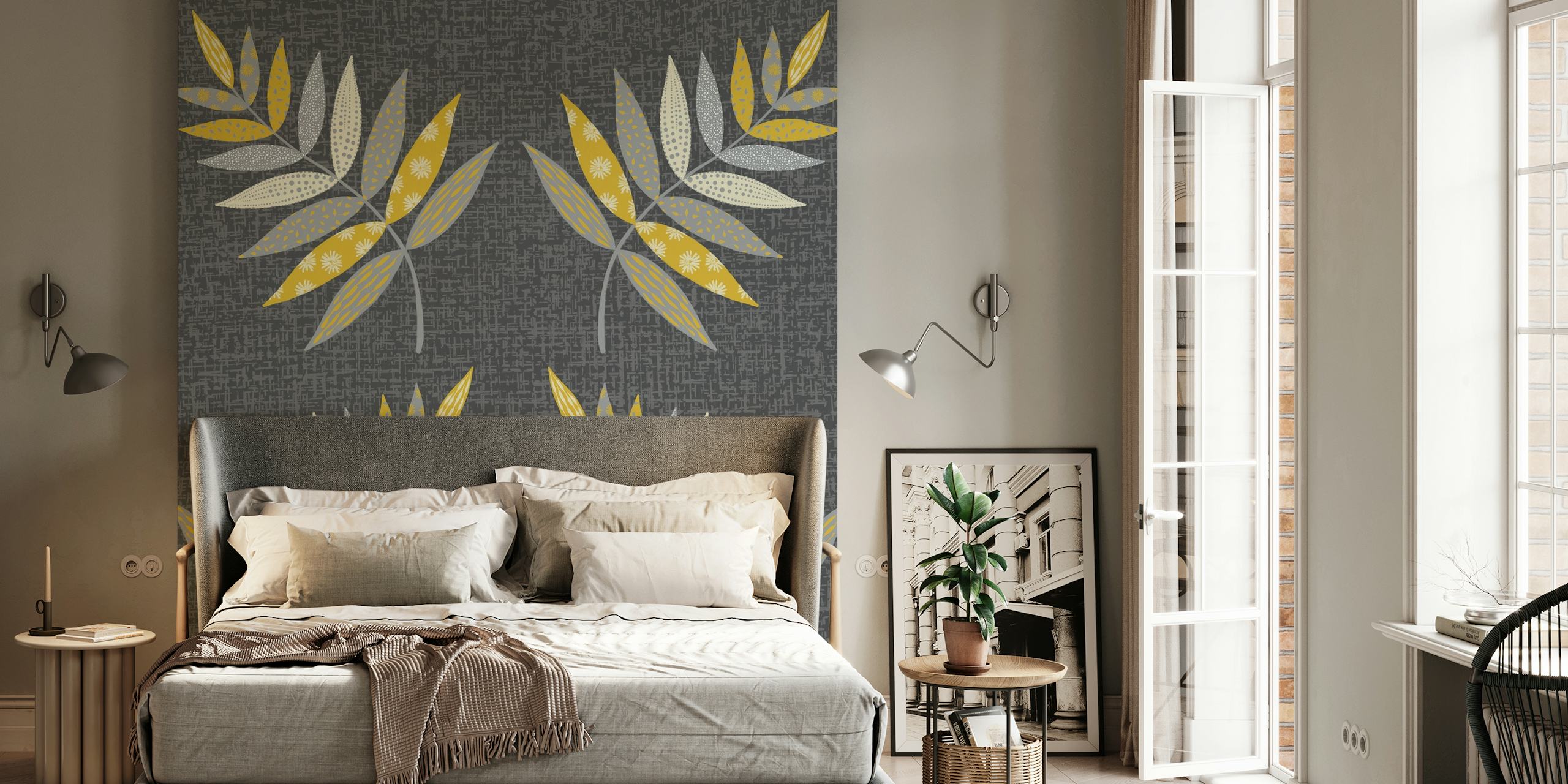 Stylish grey wall mural with patterned leaves in earth tones