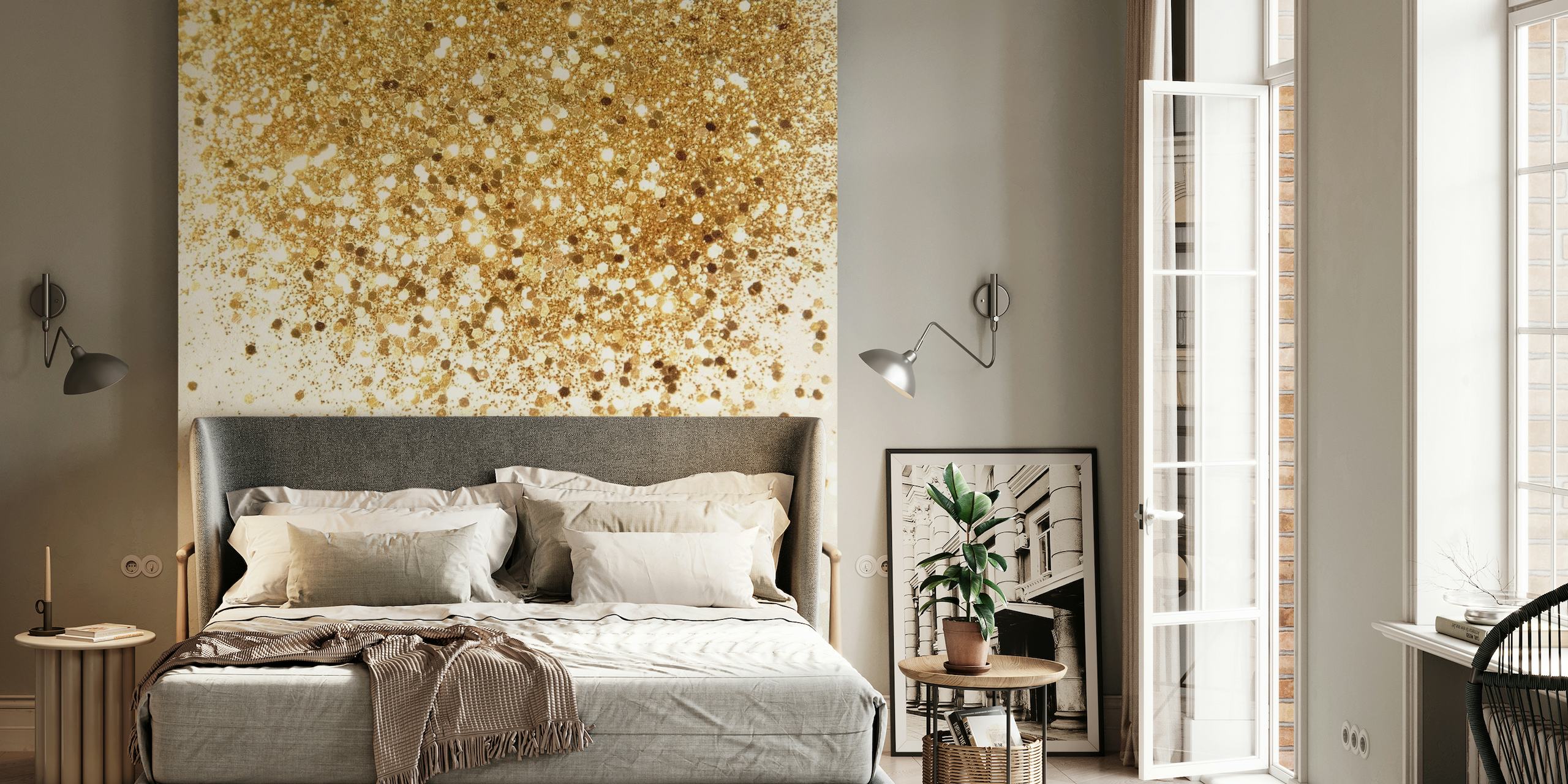 Sparkling gold glitter wall mural creating a luxurious textured look