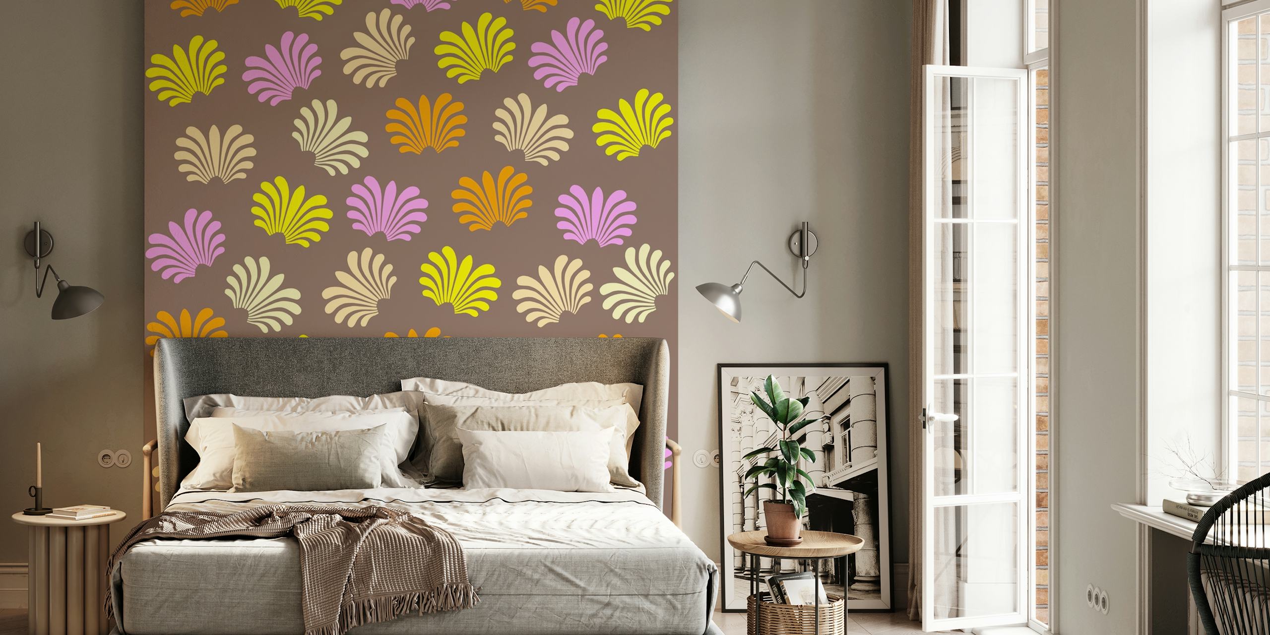 Colorful retro-style lotus flower patterns on a dark background wall mural