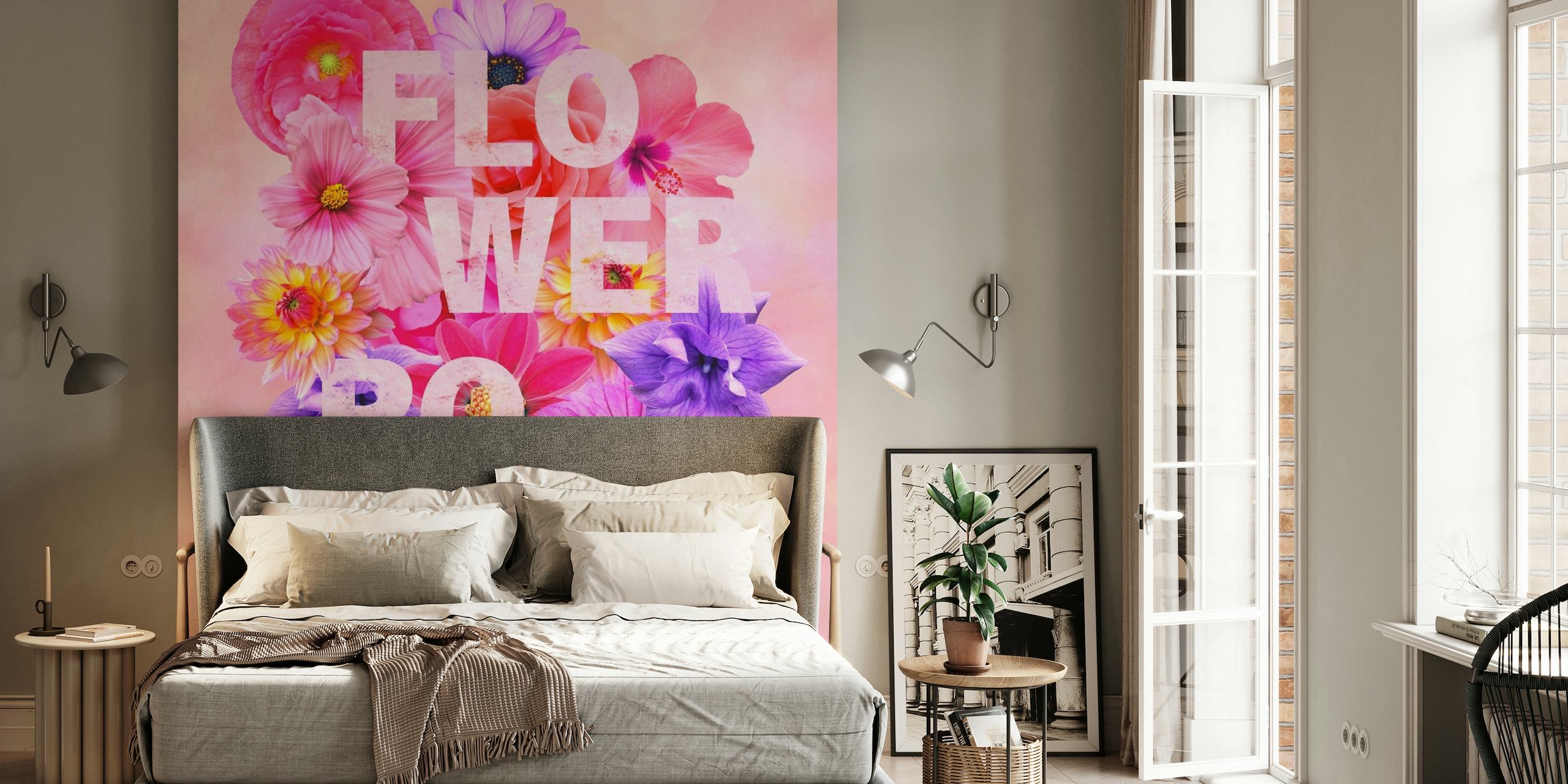 Colorful floral wall mural with 'FLOWER POWER' text, exuding a vibrant, springtime atmosphere