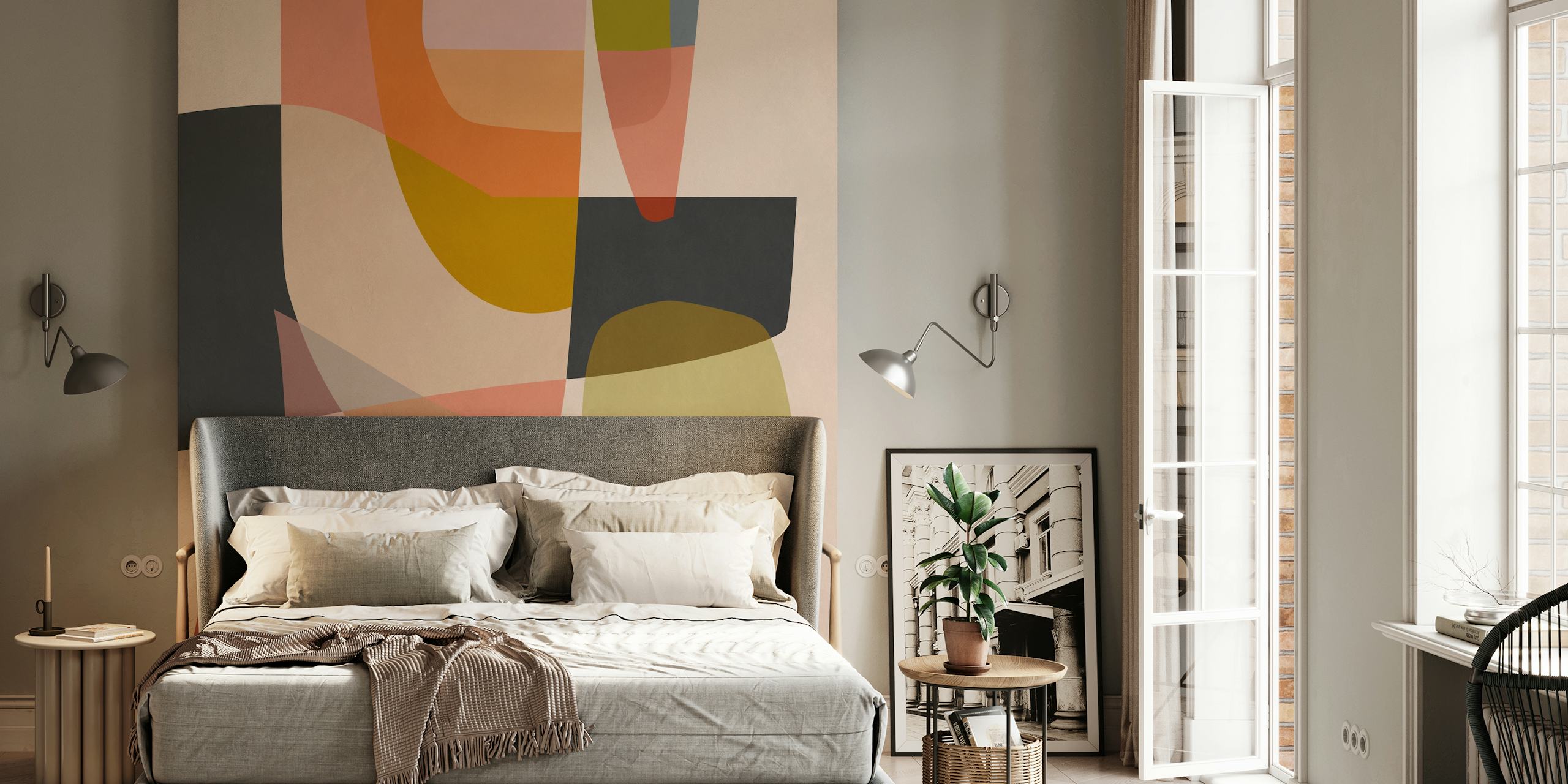 Colorful overlapping shapes in orange, pink, yellow, and black abstract wallpaper