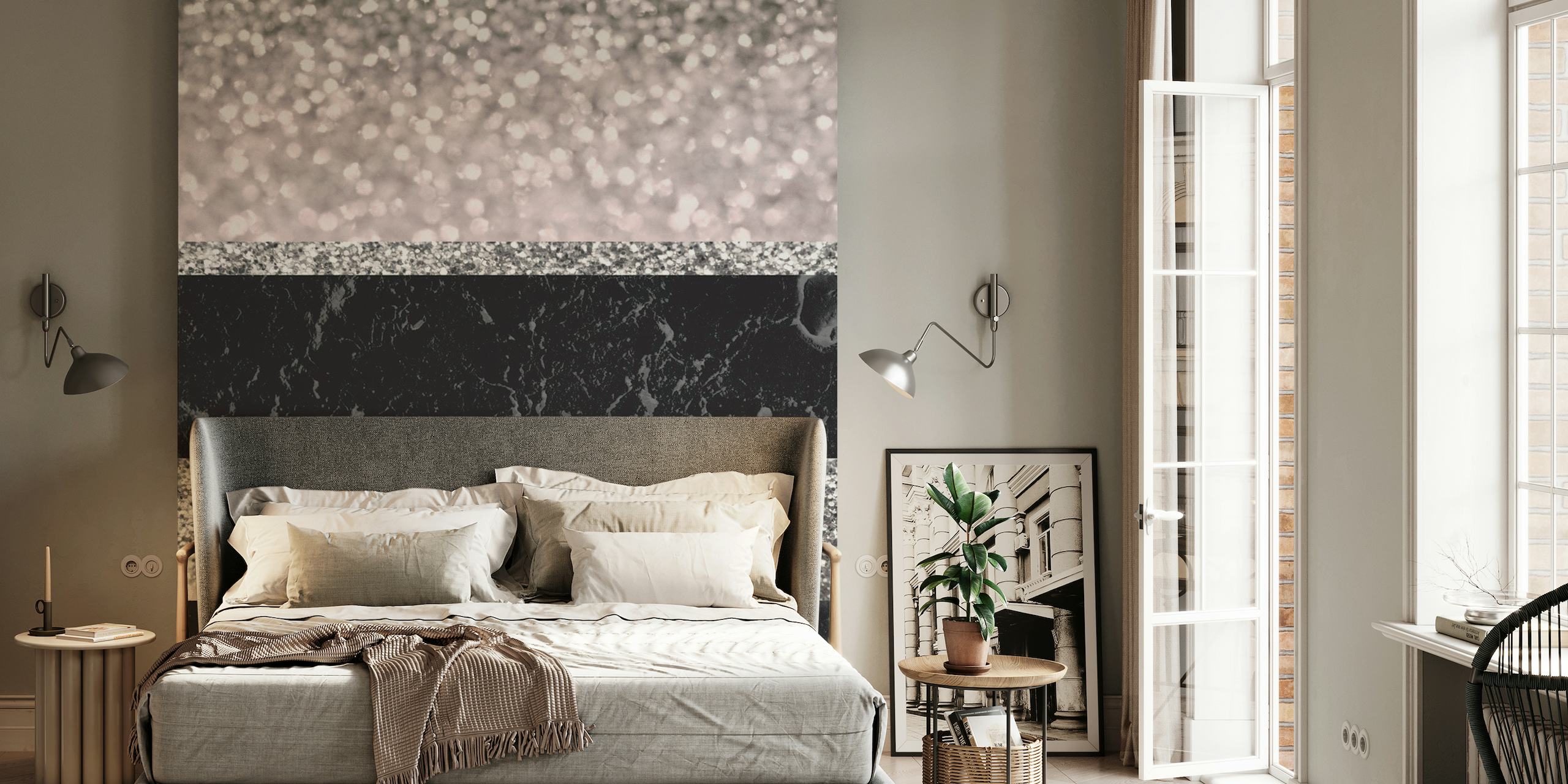 Gray and black marble wall mural with glittering silver details