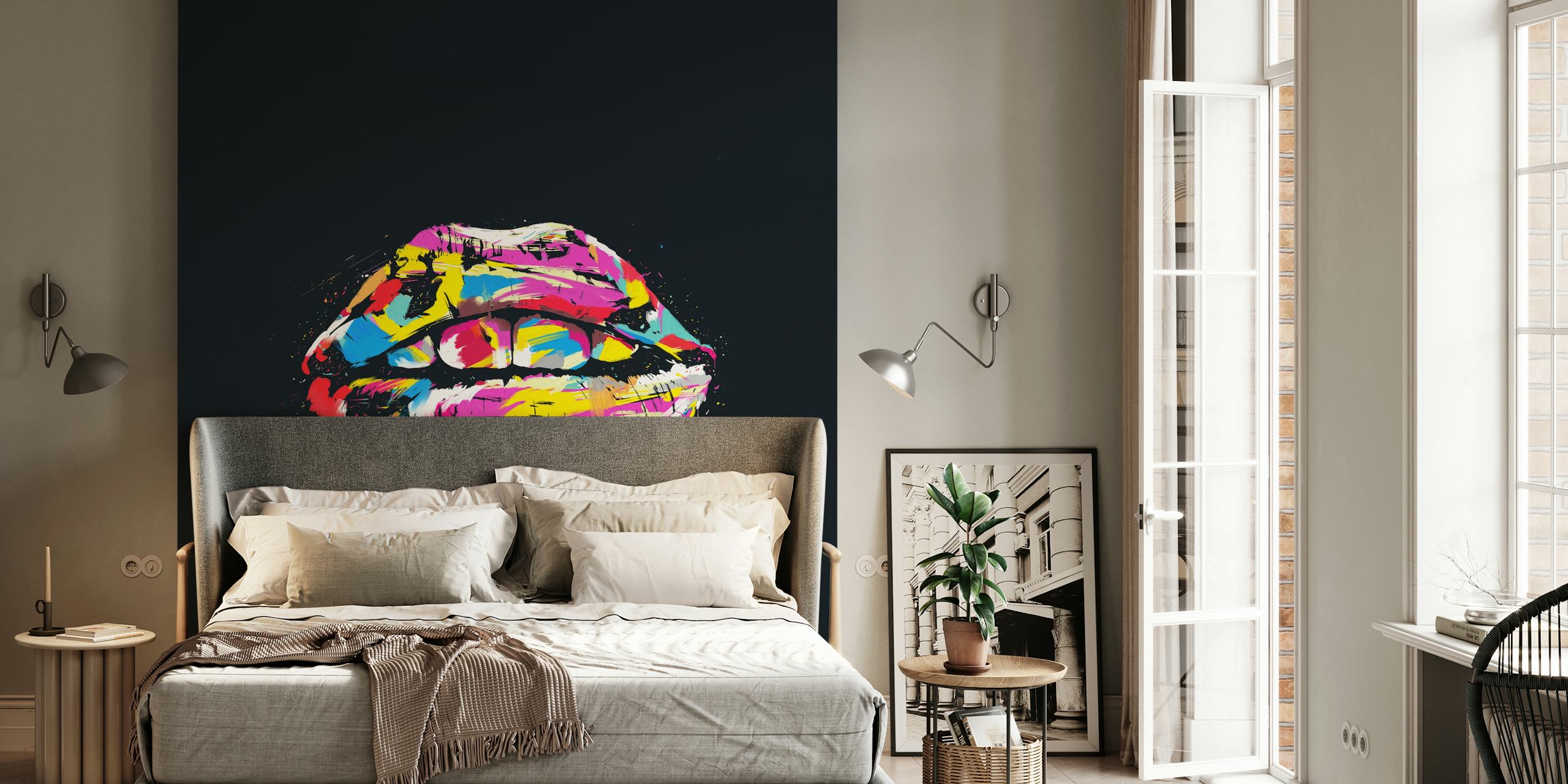 Colorful lips with bright paint drips against a black background wallpaper