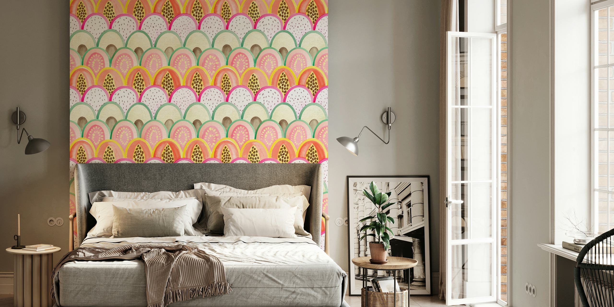 Colorful scales pattern in pink, yellow, and green wallpaper